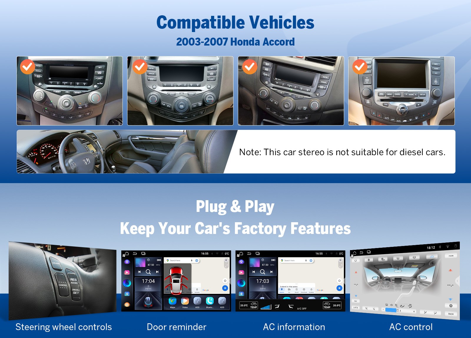 10.1″ Android Auto 14 4+64 Car Radio Wireless CarPlay for Honda Accord 2003-2007