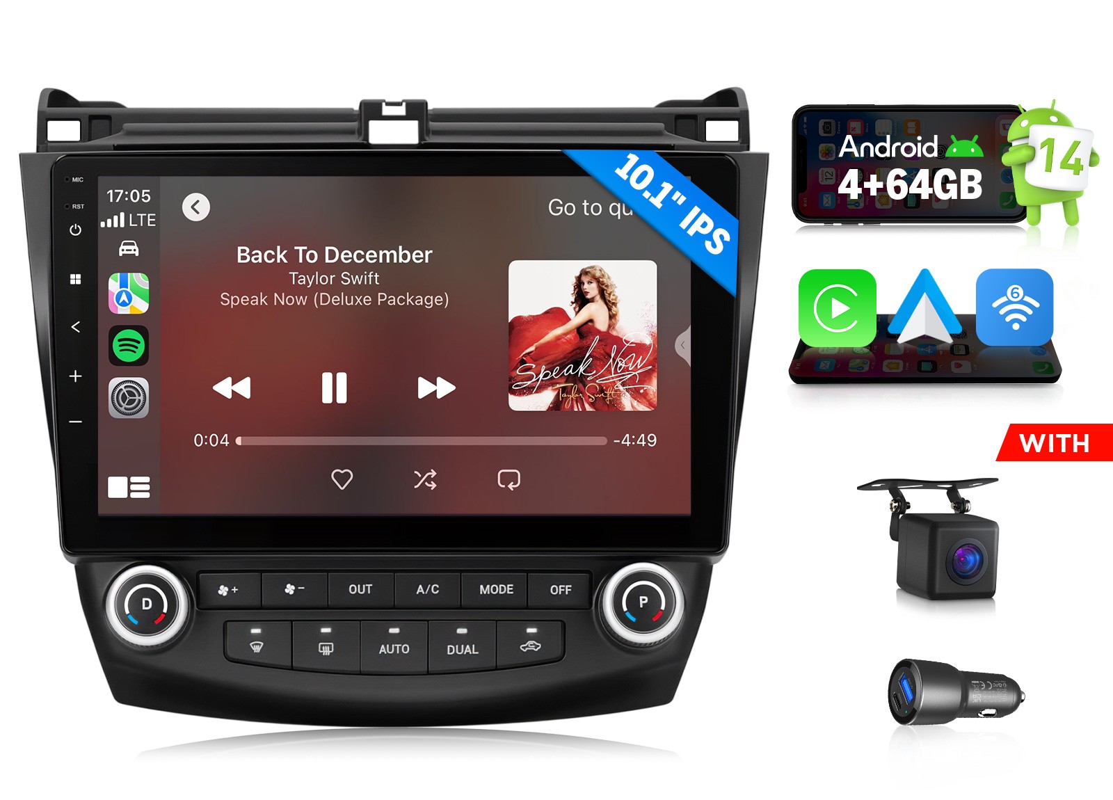 10.1″ Android Auto 14 4+64 Car Radio Wireless CarPlay for Honda Accord 2003-2007
