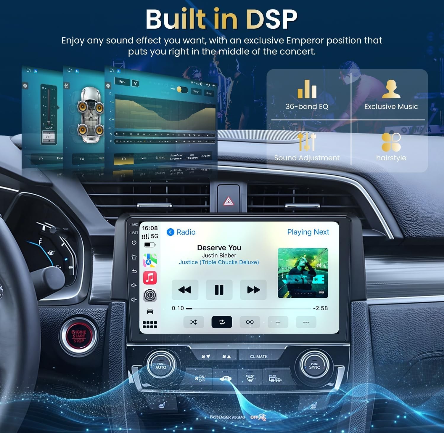 For 2016-2021 Honda Civic Car Radio Stereo Carplay 4+64G 9in Wireless +CAM