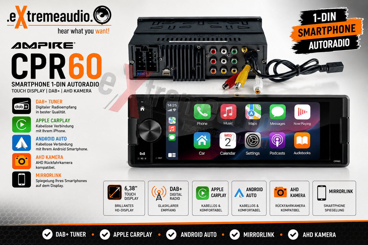 AMPIRE CPR60 Smartphone 1-DIN DAB+ Car Stereo AHD with Free DAB Antenna SMB