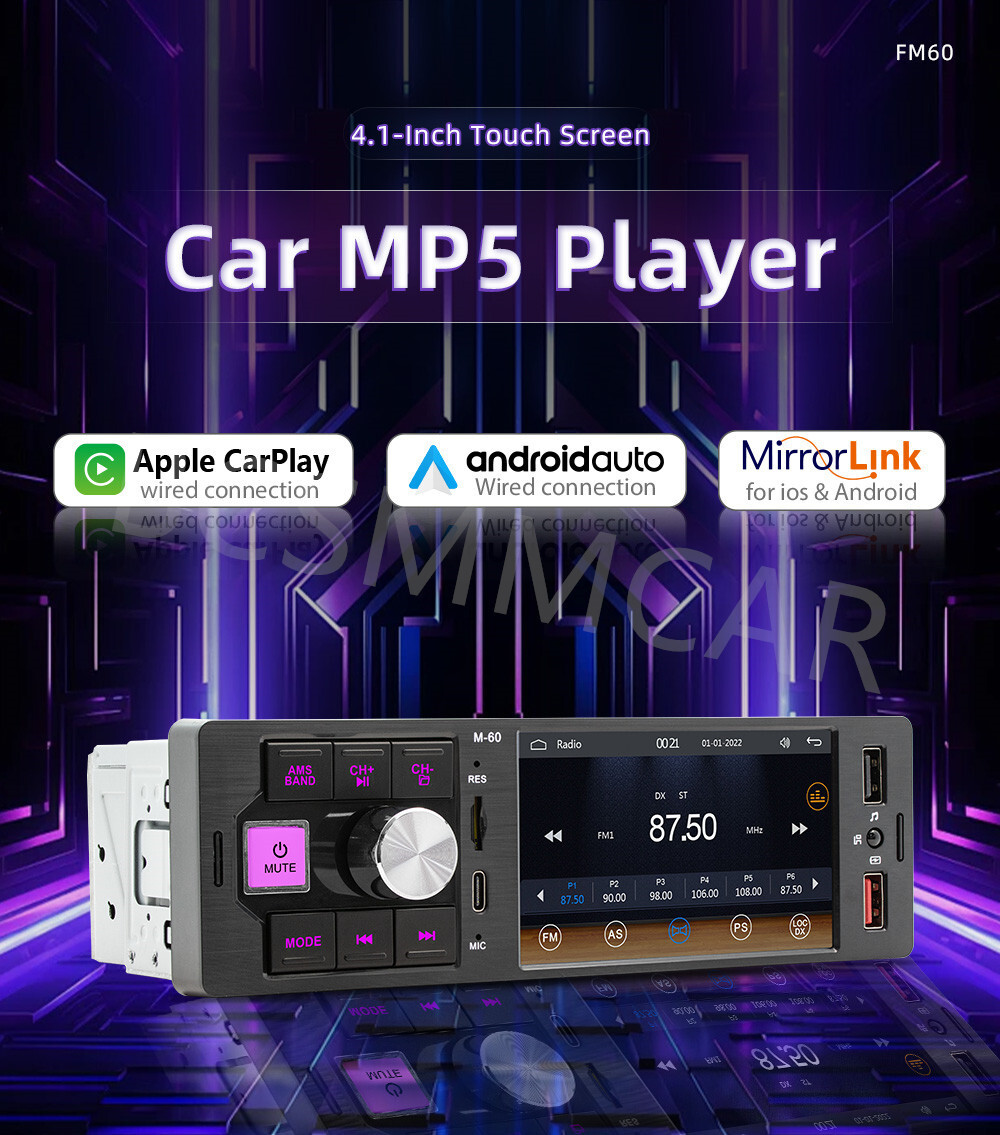 4.1in Car Radio Stereo Video Player 1 Din For CarPlay Android Auto TF/AUX/USB/FM