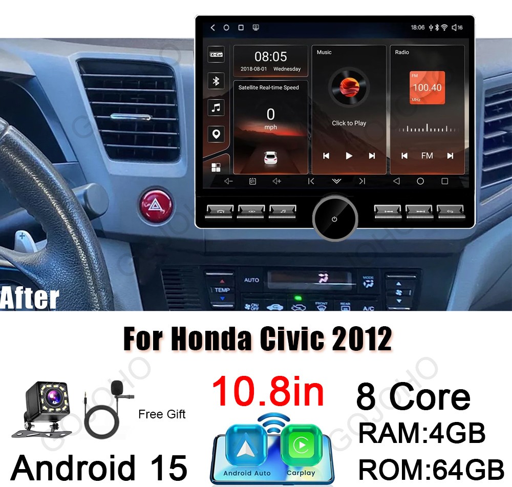 4+64GB Apple Carplay Android 15 For Honda Civic 2012 Car Radio Stereo GPS Wifi