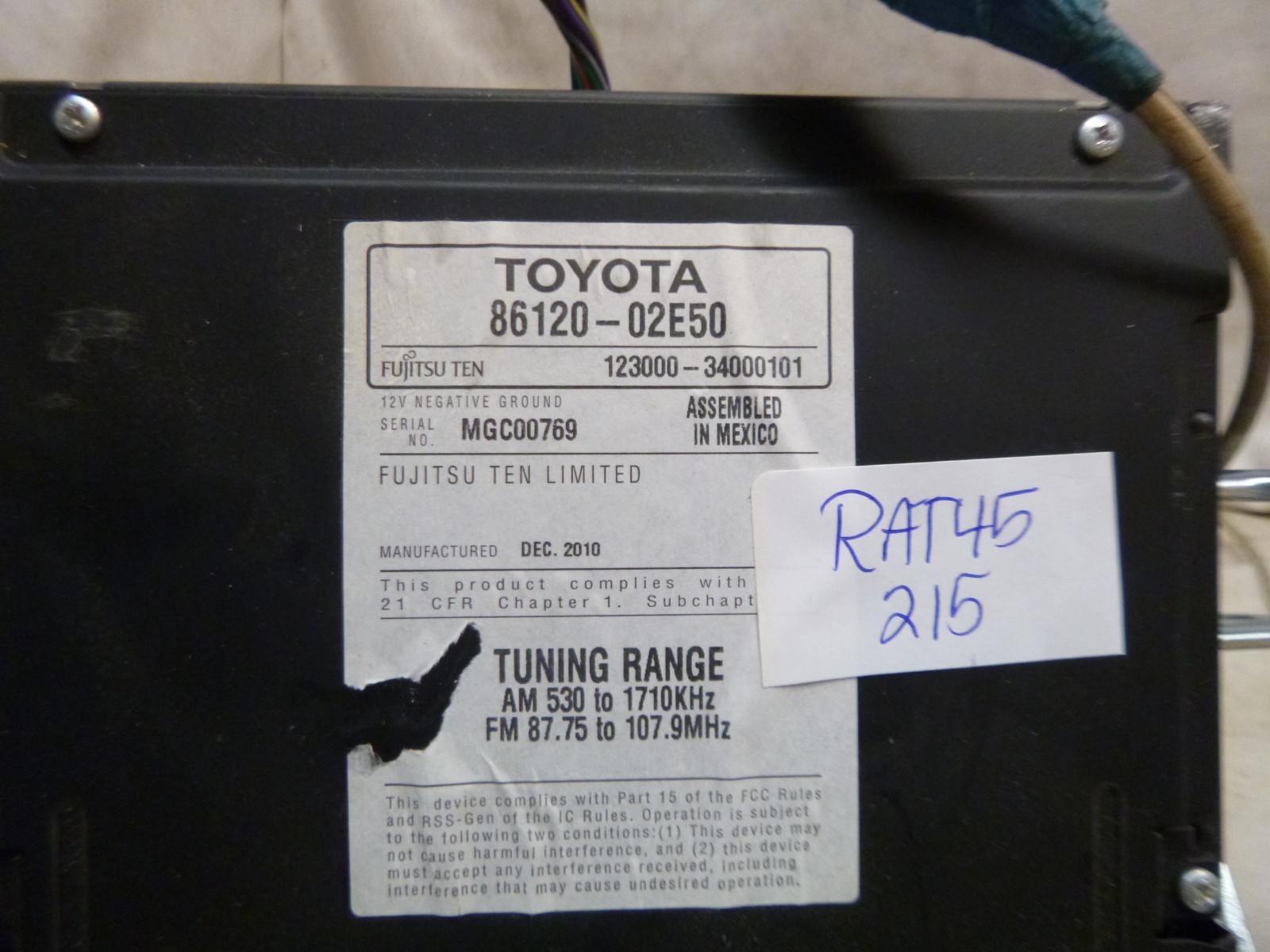 11 12 13 Toyota Corolla Radio Cd Player 86120-02E50 RAT45
