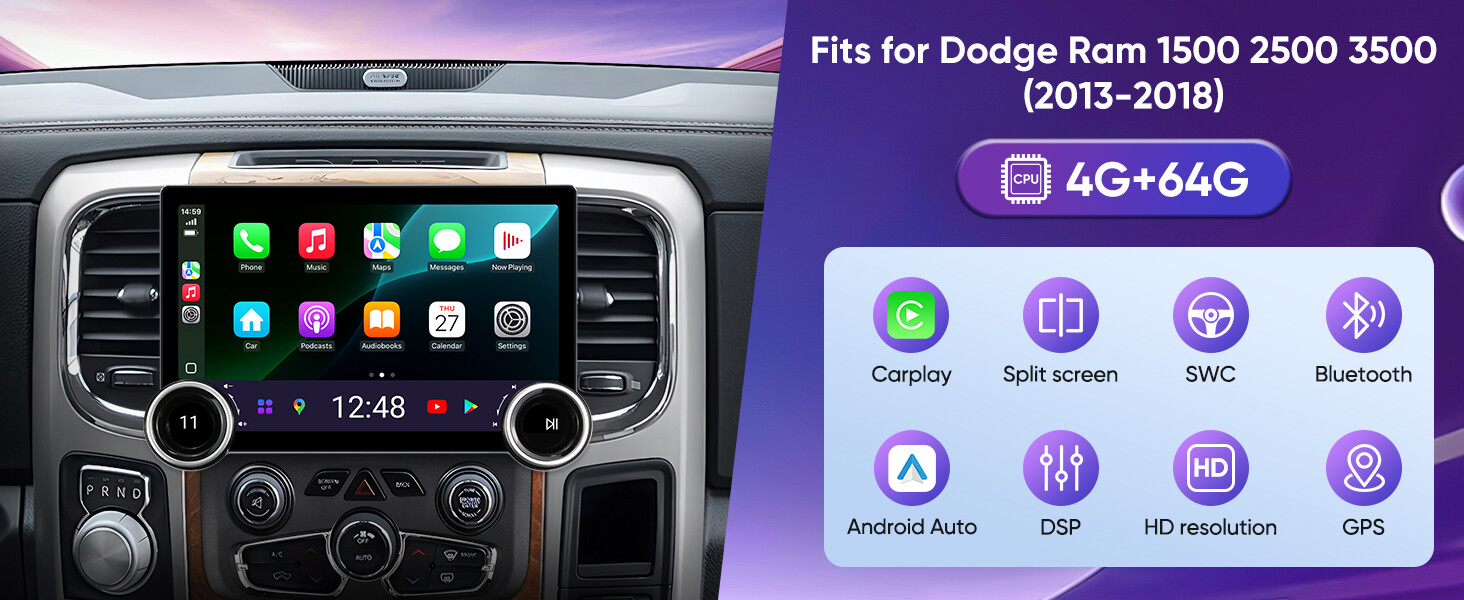 Car Stereo for Dodge Ram 1500-3500 2013-2018 Wireless CarPlay, Android Auto 4+64