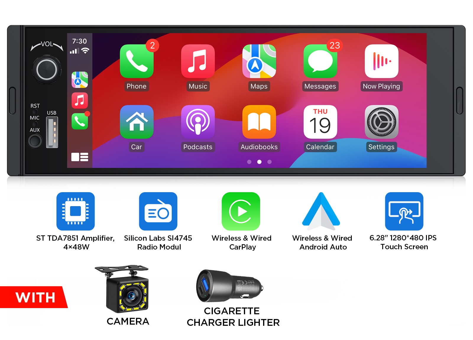 Android Auto 6.28″ IPS Single 1 DIN Car Stereo Radio Wireless CarPlay AUX Input