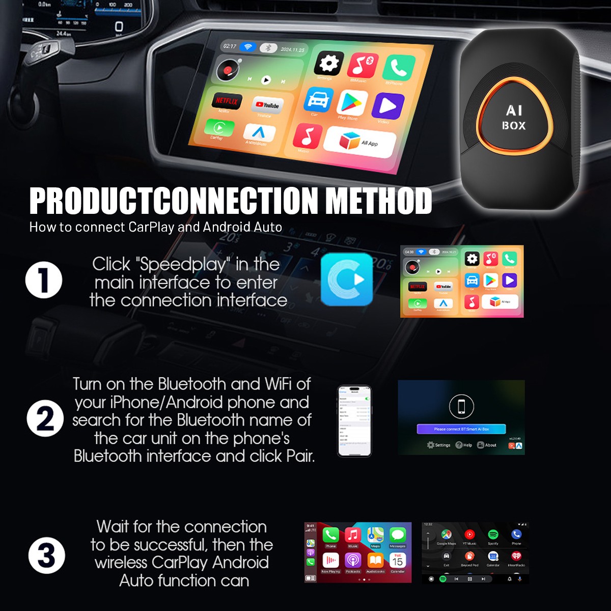 4-in-1 Wireless CarPlay AI box Android Auto Adapter Converter w/ Netflix YouTube