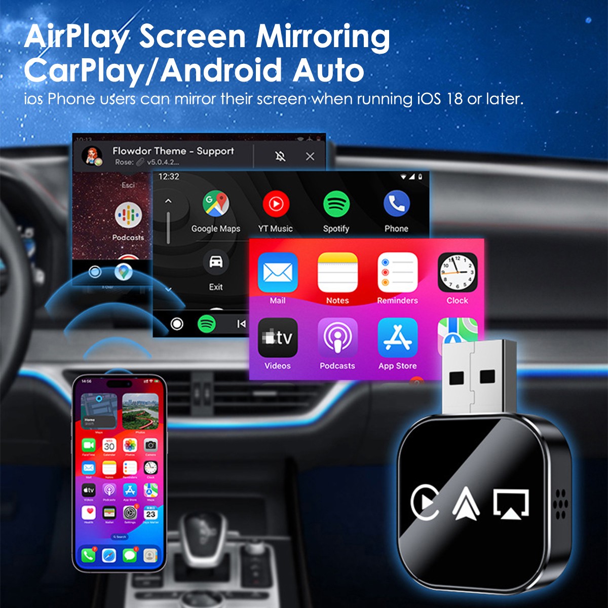 2026 Mini Carplay Adapter 3 IN 1 Wireless Carplay & Android Auto & Mirror Link ,