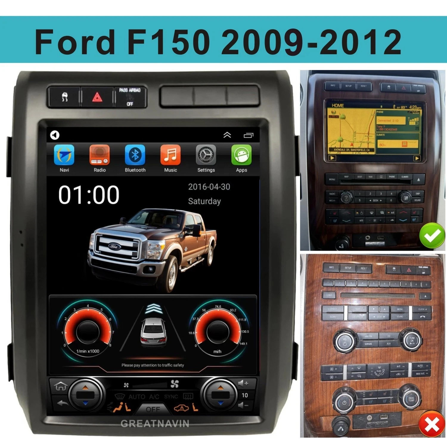 For Ford Tesla style F150 2009-2012 Apple Carplay Car Radio Stereo Navi GPS 12.1