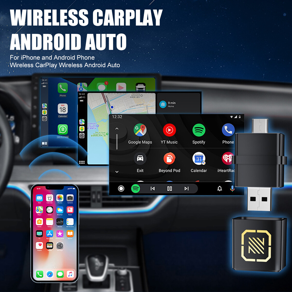 2 in 1 Wireless Apple Carplay Android Auto Adapter Mini USB & Type-C Dongle Box~