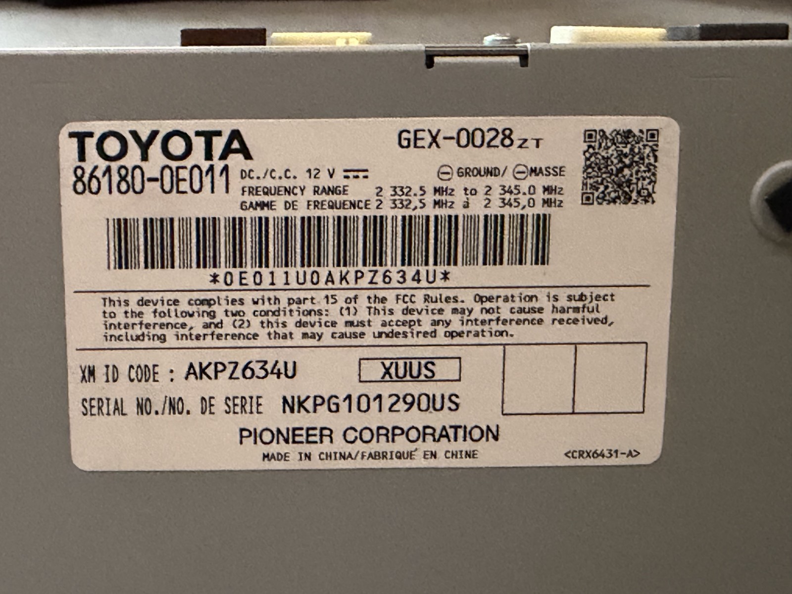 TOYOTA OEM CD DVD SATELLITE RECEIVER 86180-0E011 GEX-0028ZT PIONEER