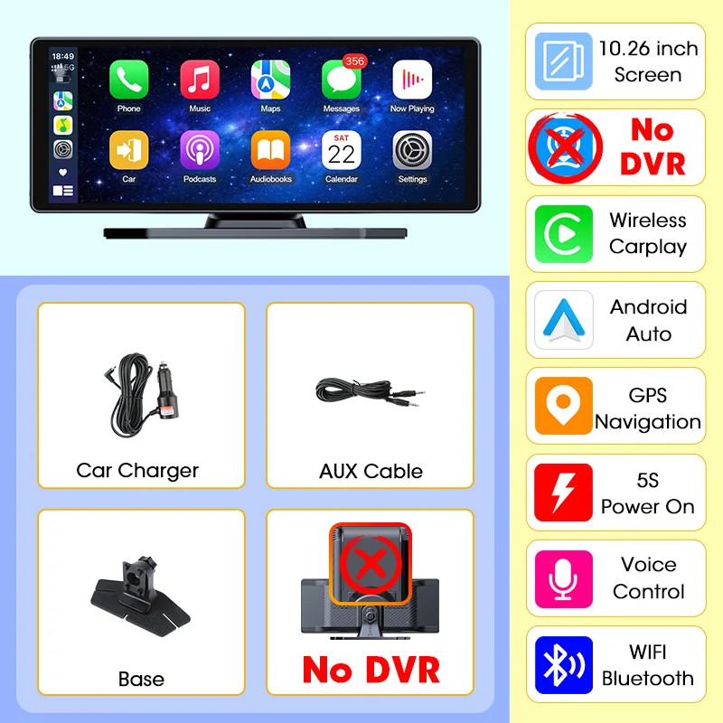 Jansite New 10.26” 4K Dashcam Wireless CarPlay Rearview Dual Lens DVR WiFi GPS