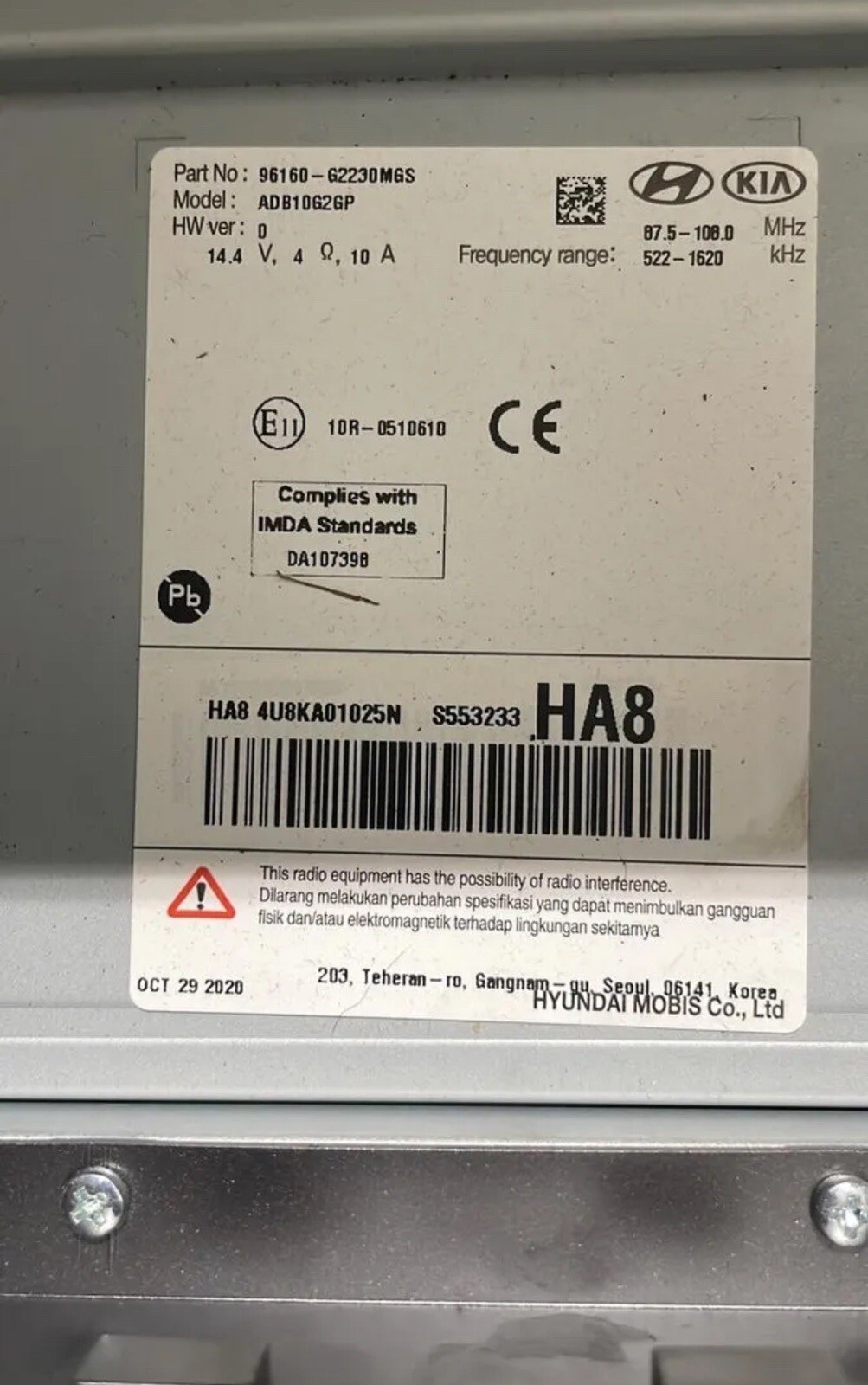 Hyundai Ioniq 2020 2022 OEM Radio Touch screen 96160G2230MGS