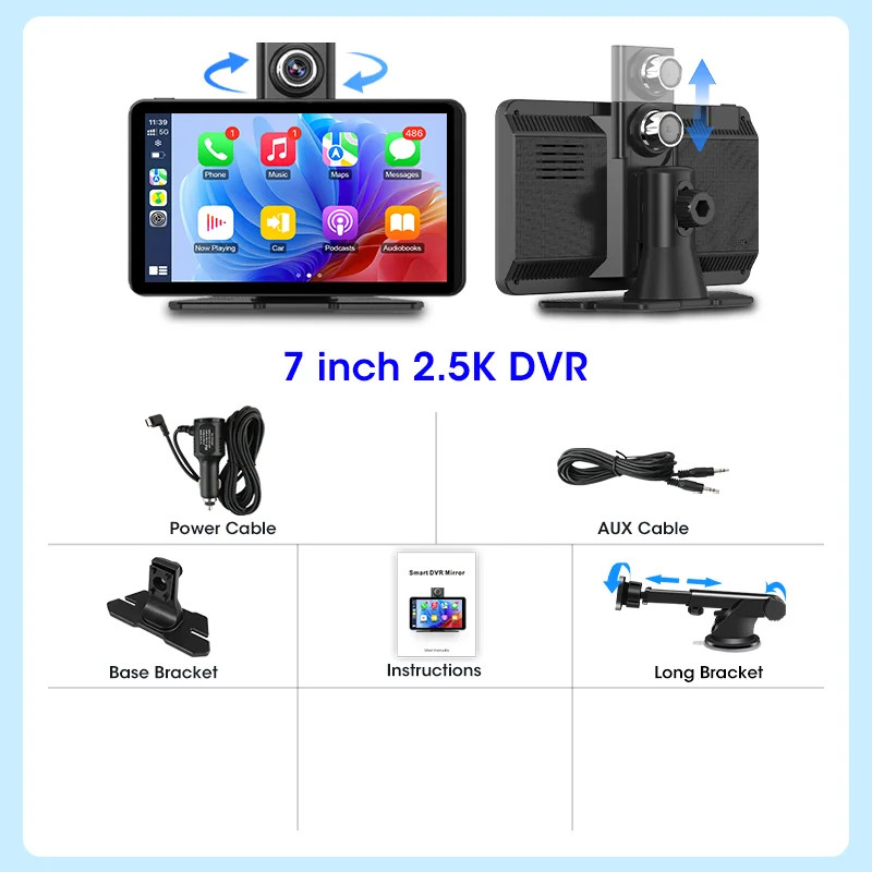 Jansite 7 Inch 2.5K Car DVR Wireless CarPlay Dash Cam GPS Vision Camera Mirror