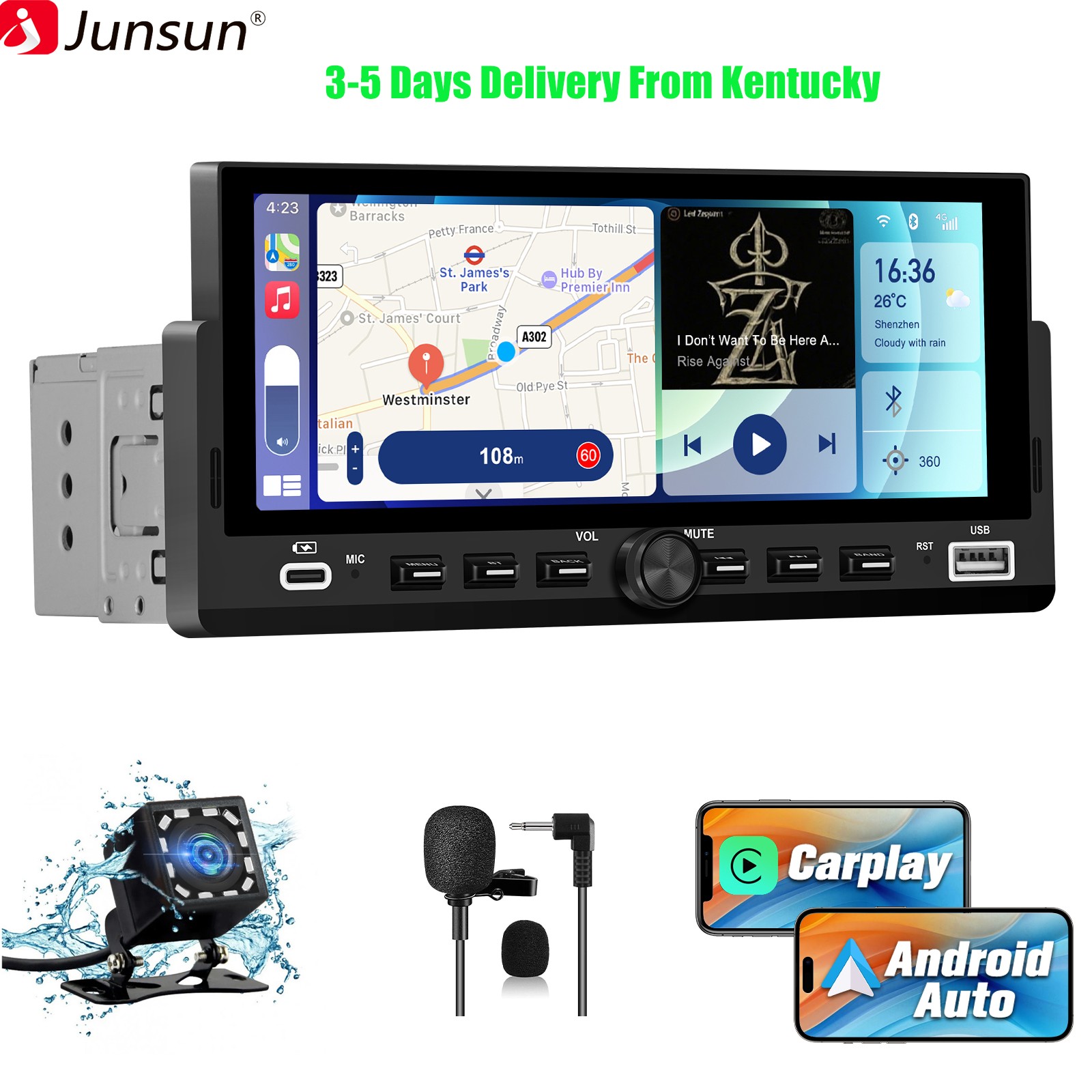 6.86″CarPlay Android Auto For Universal Car Stereo Multimedia Player Rear Camera