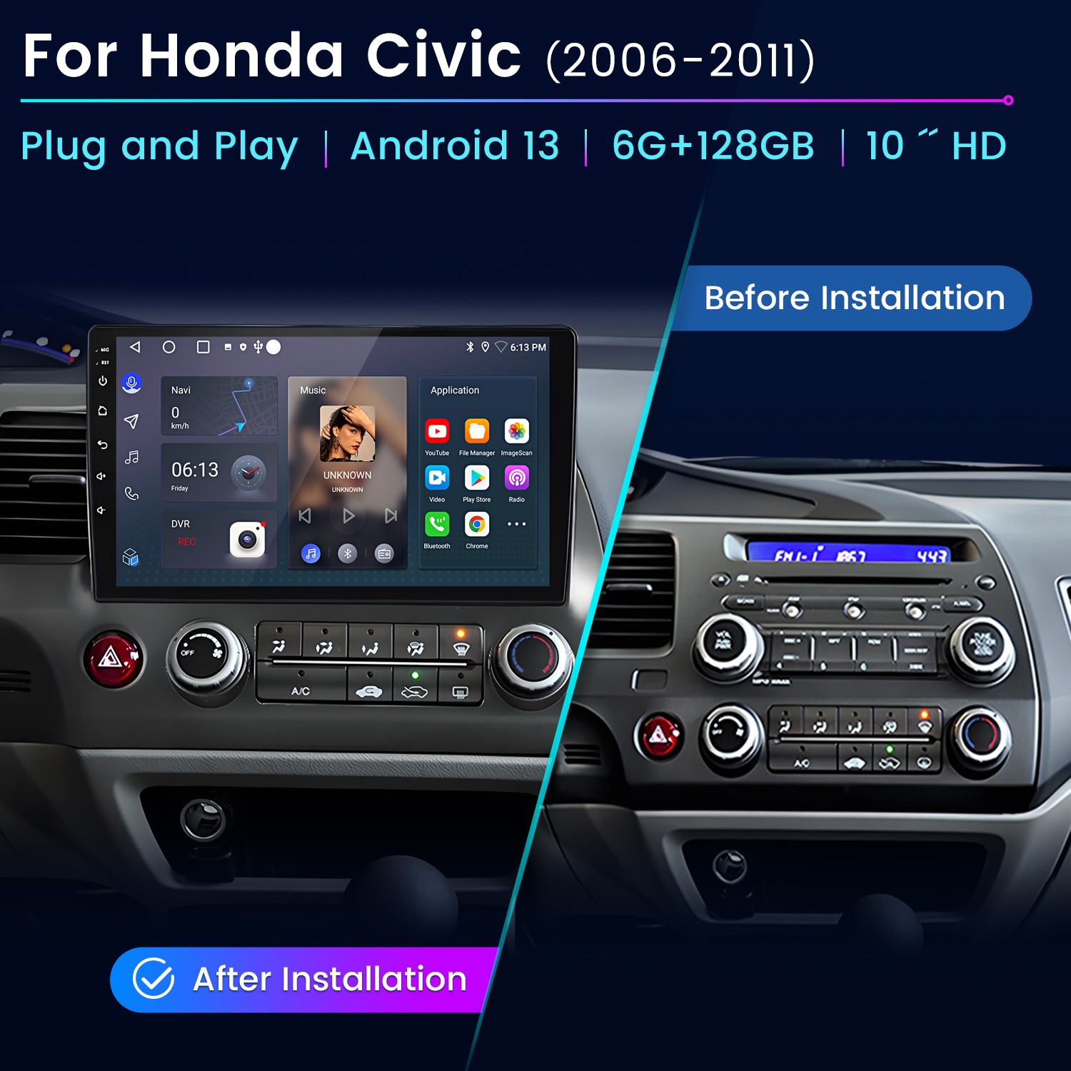 8Core 6+128G Android15 Carplay Car Stereo Radio GPS Navi For Honda Civic 06-2011