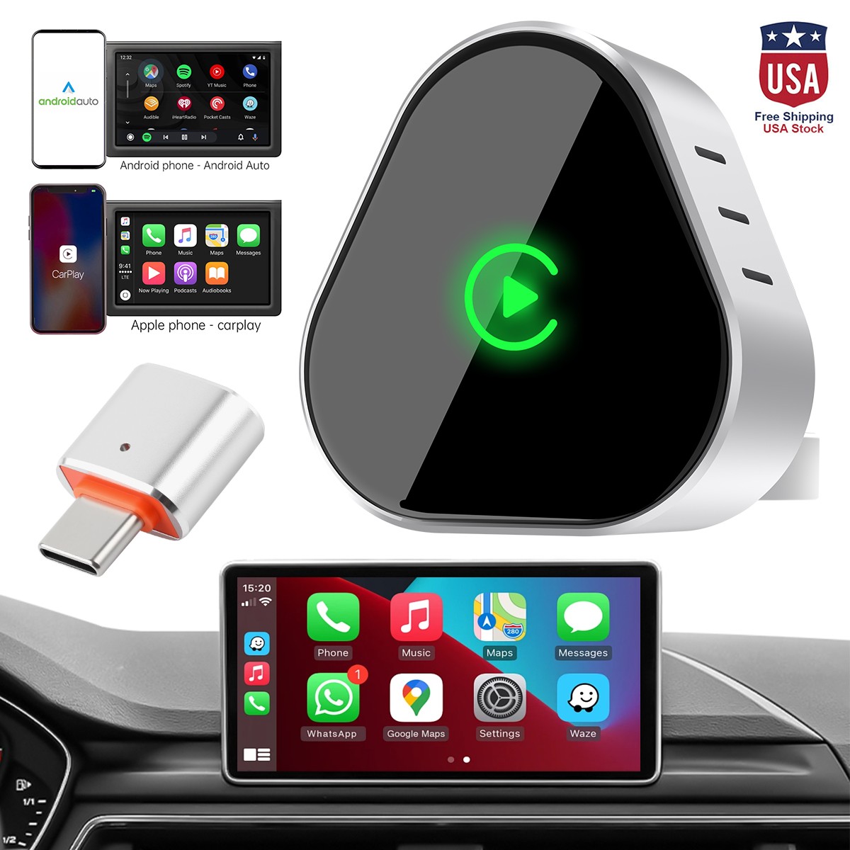 5G WIFI USB Wireless CarPlay Adapter For iPhone Android Auto Dongle Plug & Play