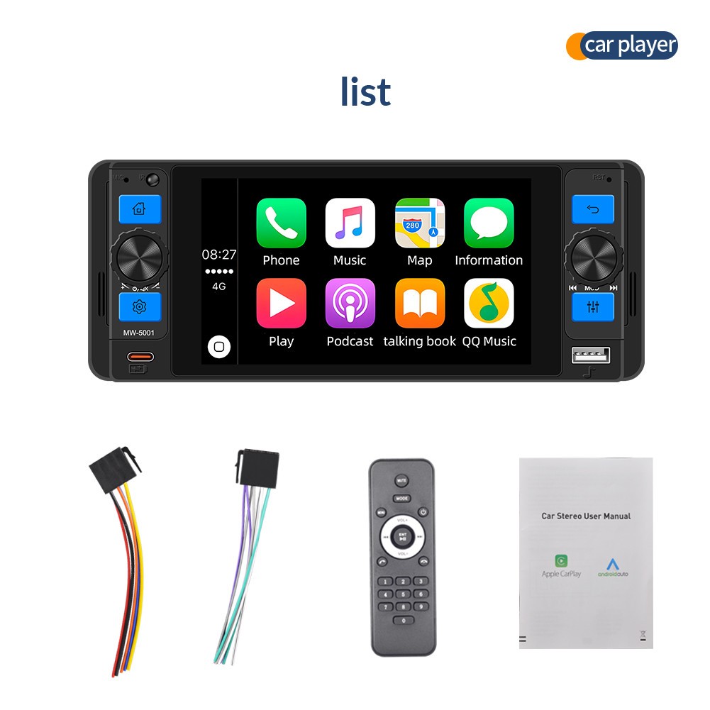 Single 1DIN Car Multimedia Player Video USB Type-C Mirror Link W/Remote Control