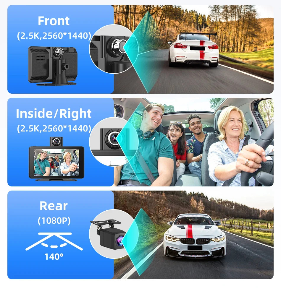 Jansite 7 Inch 2.5K Car DVR Wireless CarPlay Dash Cam GPS Vision Camera Mirror