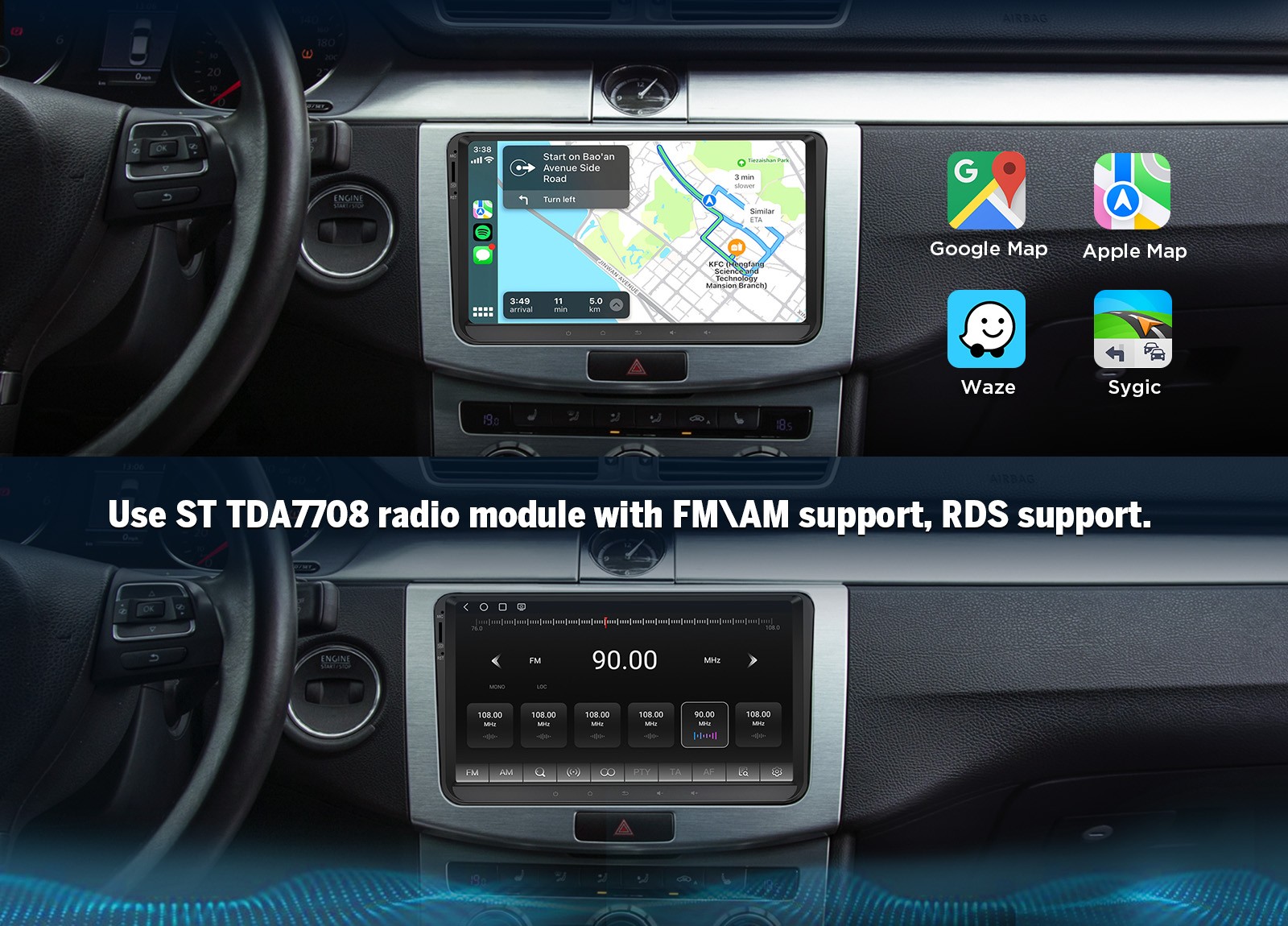 6+64GB Android Auto 13 9″ QLED Car Radio Stereo GPS Navi CarPlay WiFi DSP for VW