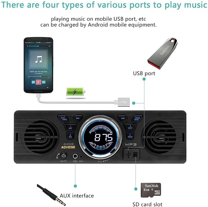 Compact AV252 Bluetooth Car Radio with Built-in Speaker & Multi-Device Support