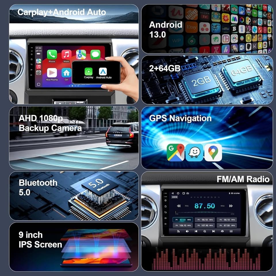 64GB Android 13 Car Stereo for Ford F150 2009-2012 w/ CarPlay & Cam