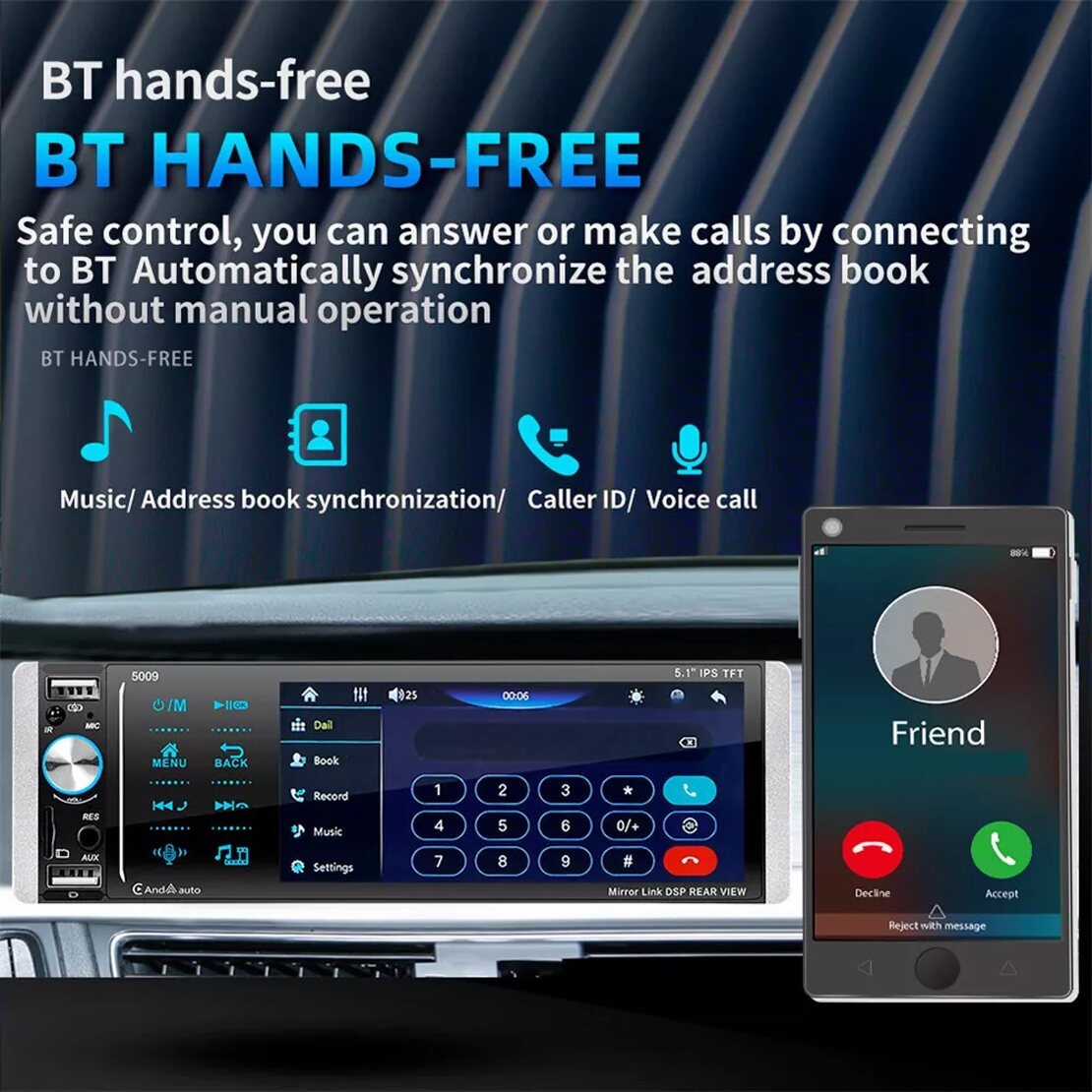 5.1IN Car Stereo Radio MP5 Player For Carplay Video Single 1 DIN Bluetooth