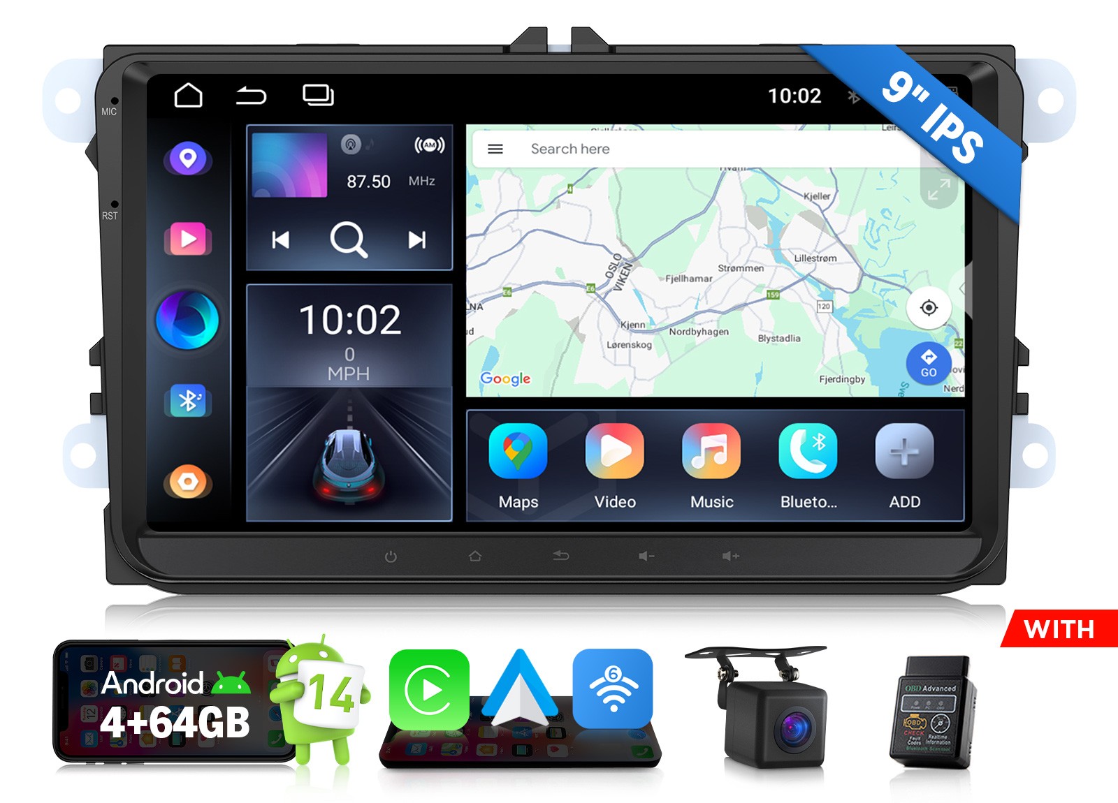 For VW Polo GTI Touran Sharan Android 14 Car Stereo 9″ Apple CarPlay Plug & Play