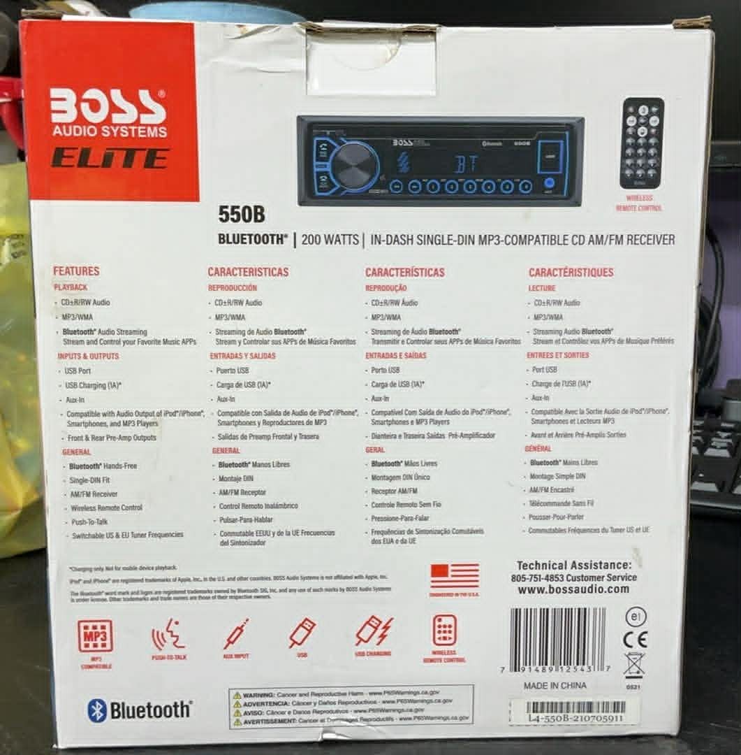 Boss 550B Elite Single Din Car Radio, black, cd, mp3 playback. usb. remote. aux.