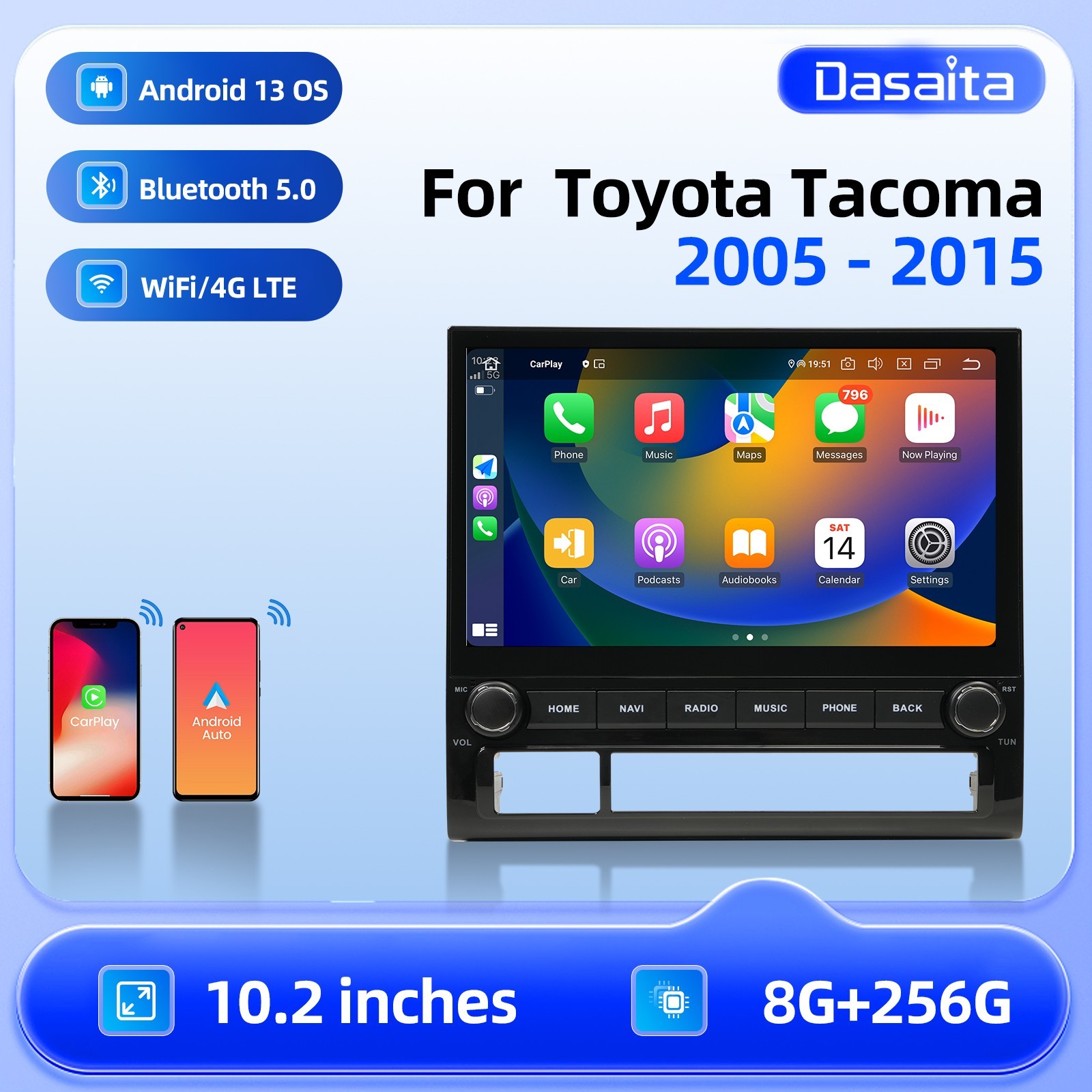 Dasaita 10.2″ Car Radio for Toyota Tacoma 2005-2015 CarPlay Built-in Navigation