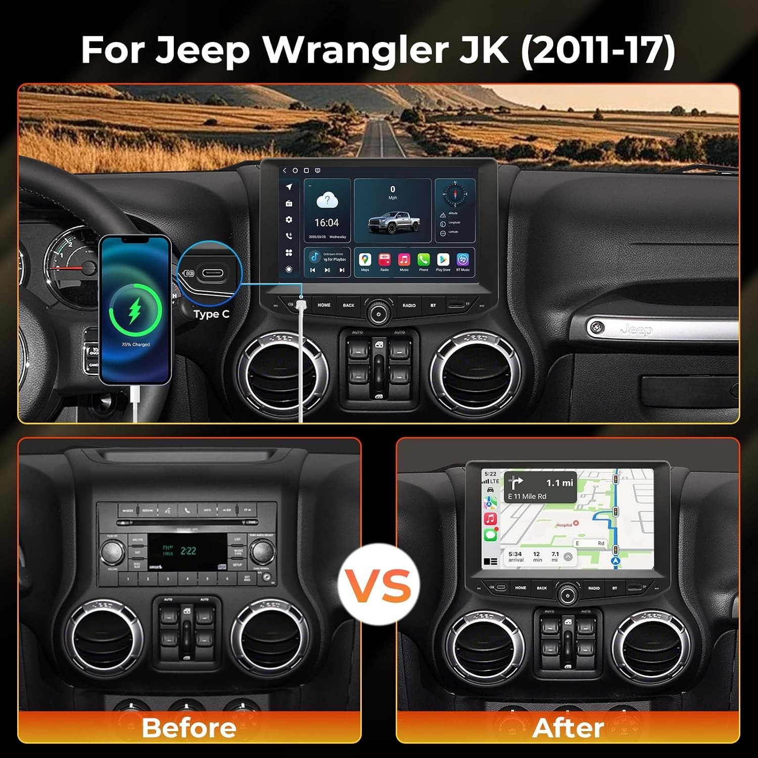 Android 15 Car Radio for Jeep Wrangler JK 2011-2017, 9″ QLED IPS Touch 4797