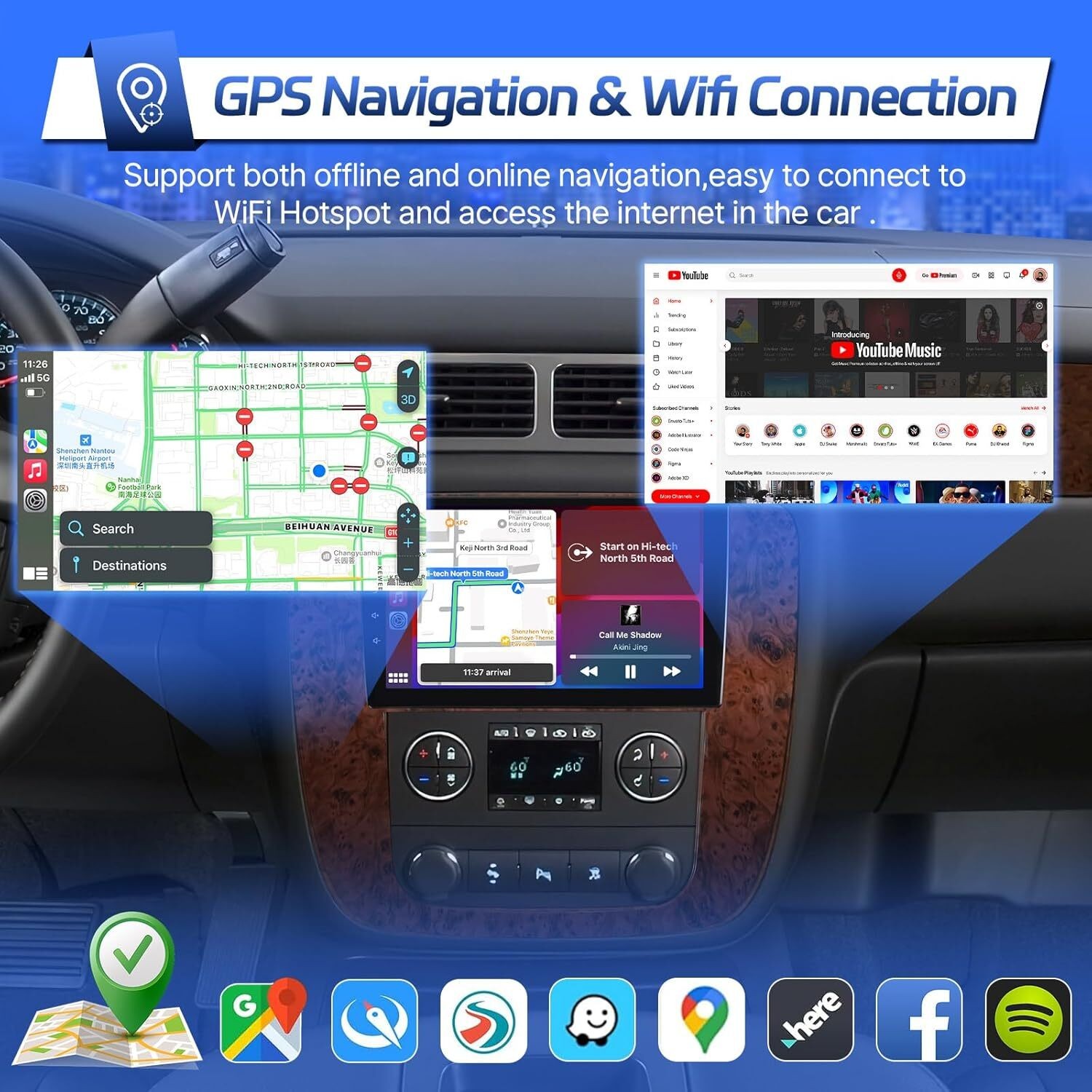 Car Radio Stereo Carplay For 2007-2014 Chevrolet Silverado Navi 4+64G 9in w/Cam