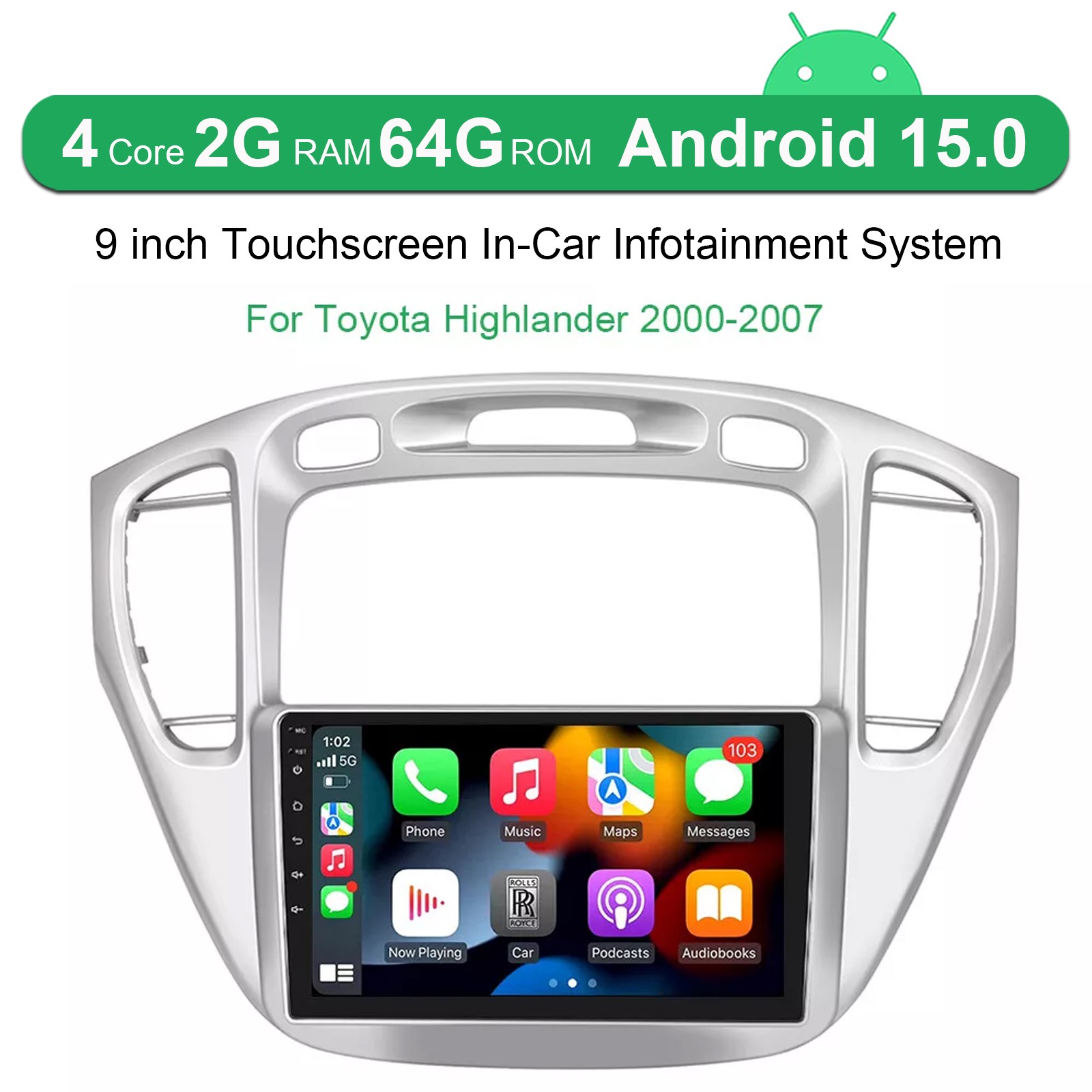 2+64G For Toyota Highlander 2000-2007 Carplay Android 15 Car Stereo Radio GPS BT