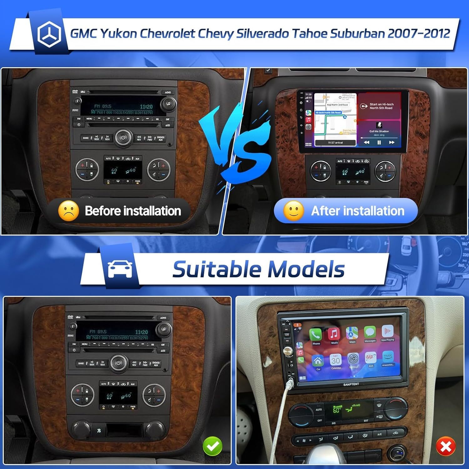 Car Radio Stereo Carplay For 2007-2014 Chevrolet Silverado Navi 4+64G 9in w/Cam