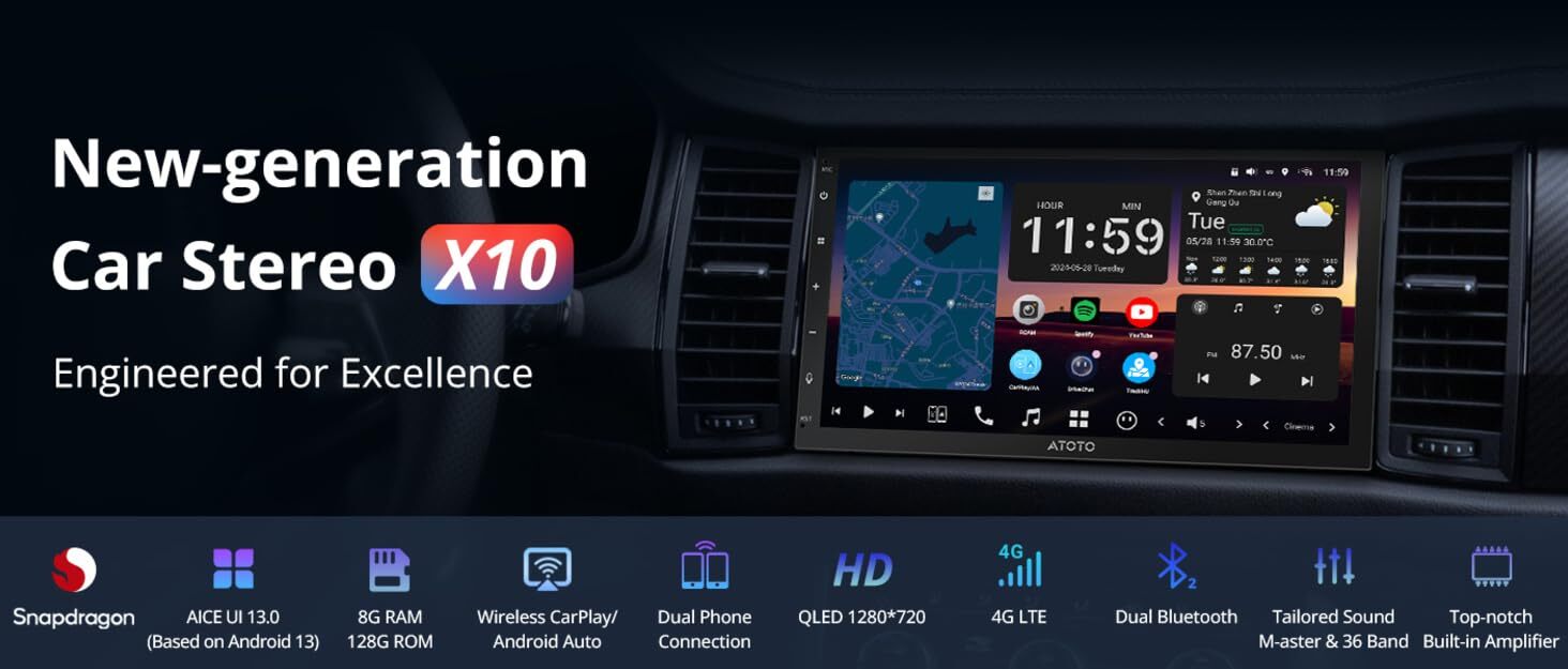 Wireless CarPlay/Android Auto Car Stereo 7″ QLED HD Touchscreen GPS, Wi-Fi 8+128