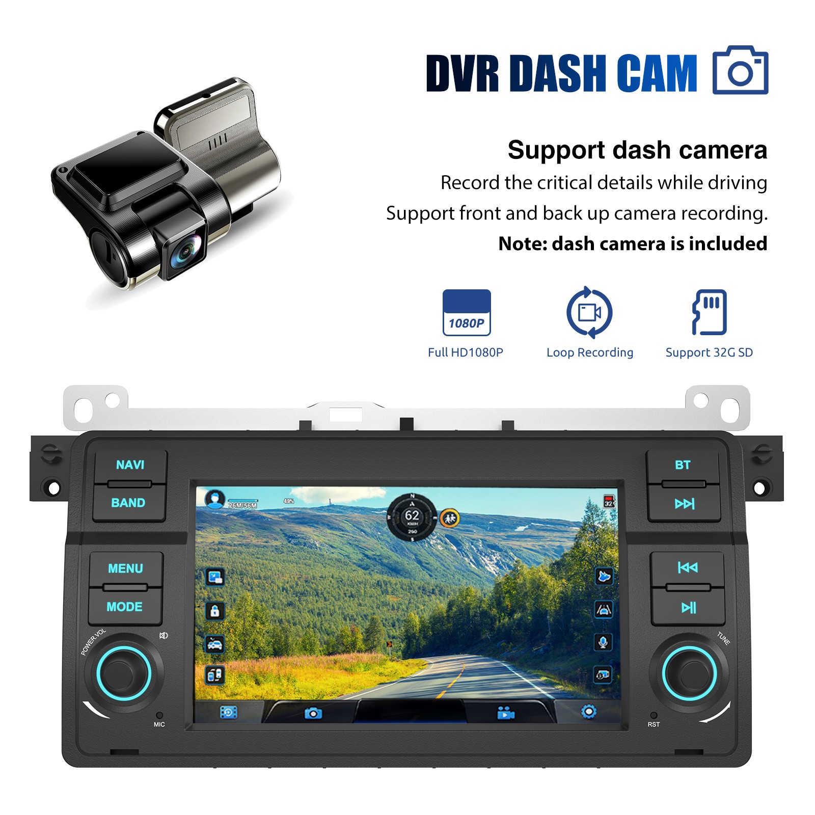 DVR+ CarPlay 7″ Android 15 Car Stereo Radio Head Unit+AHD For BMW 3-Series E46