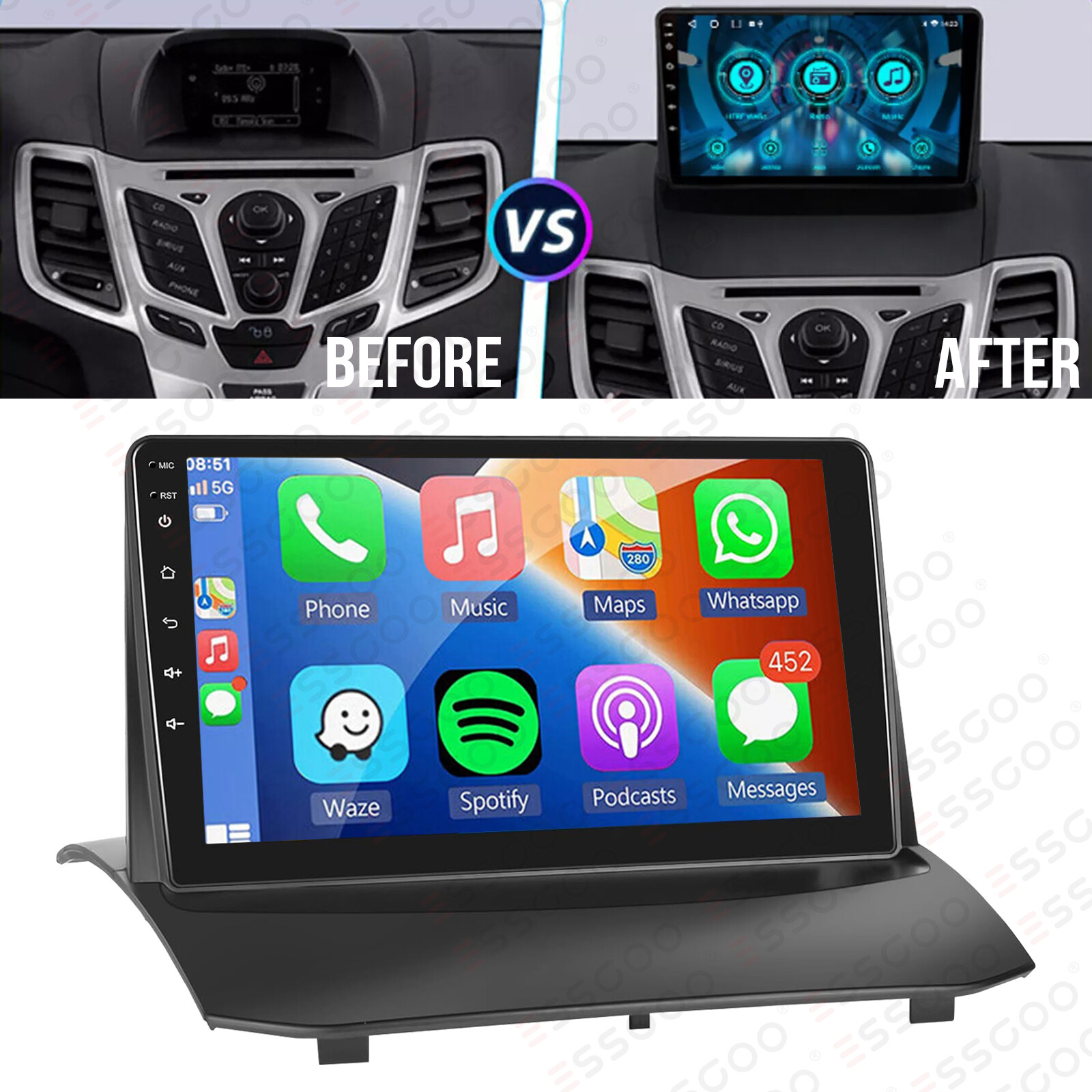 9” Apple Carplay For Ford Fiesta 2009-2016 Android 13 Car Stereo Radio GPS NAVI