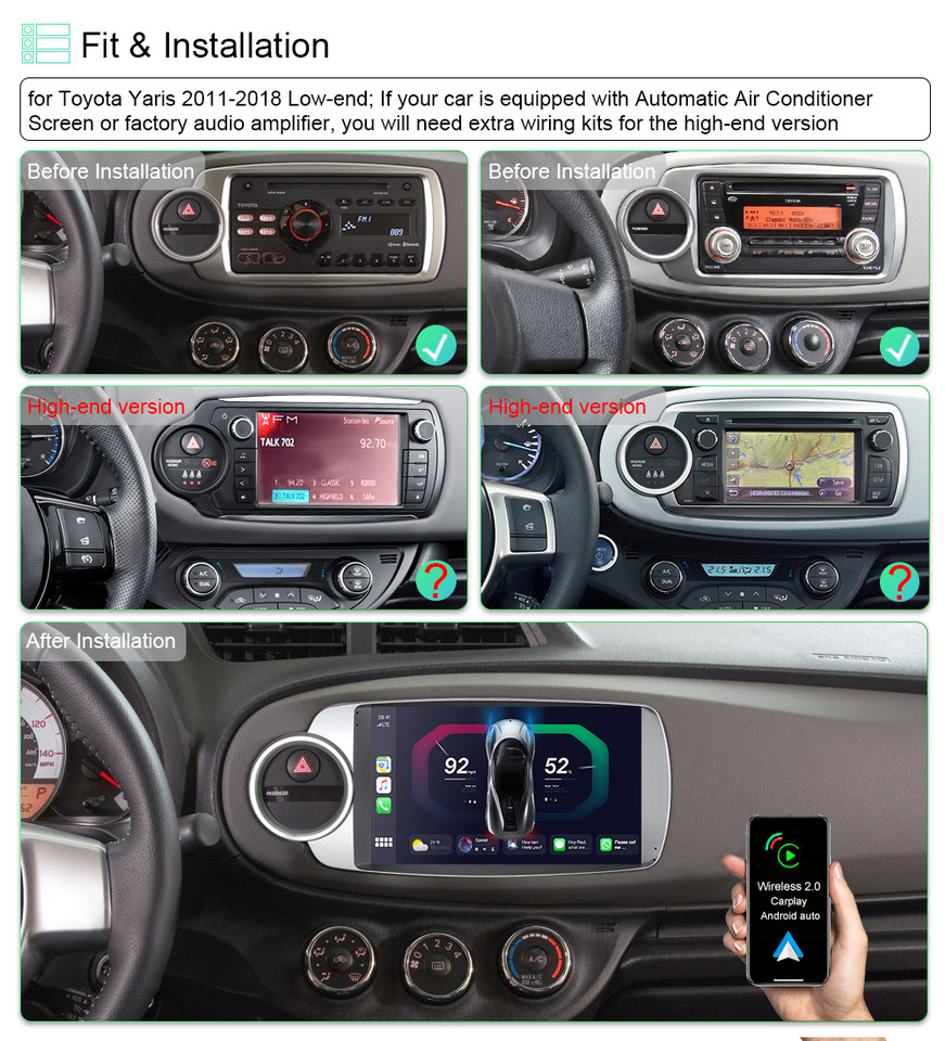 Para Toyota Yaris 2012-2017 Estéreo de coche con GPS Radio Android Auto CarPlay