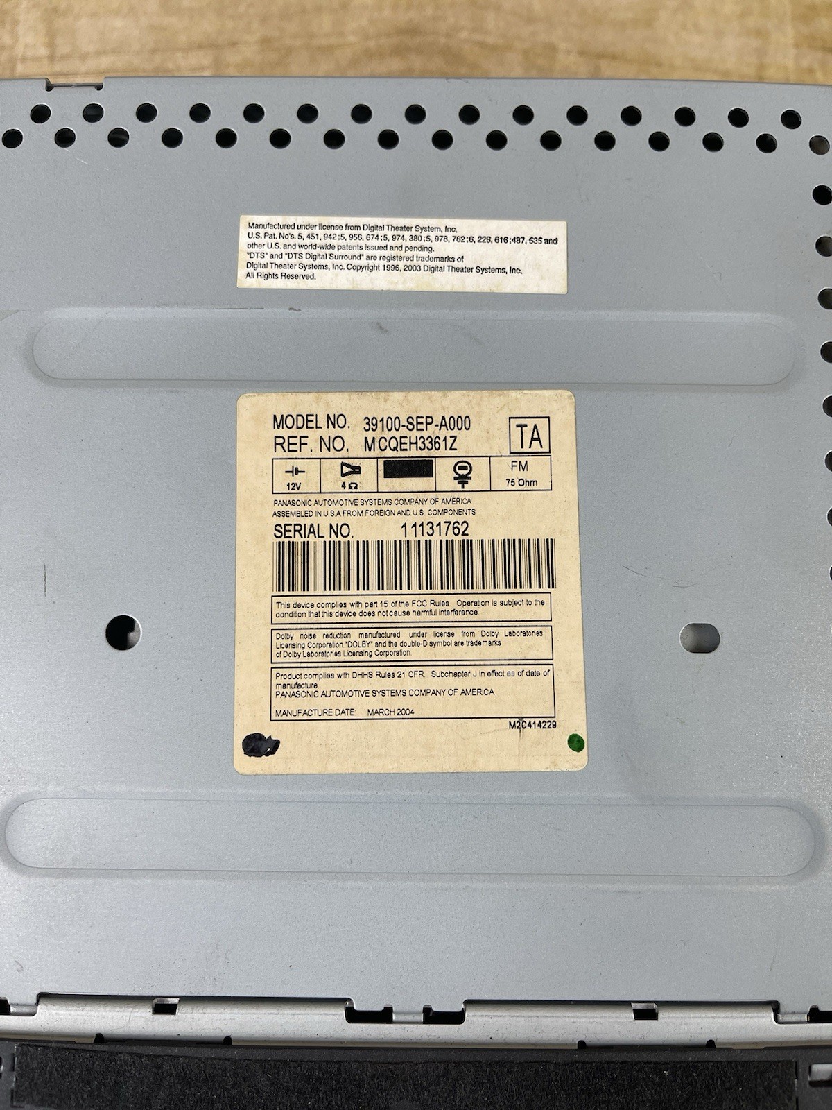 2004 Acura TL AM/FM,6CD/DVD, 39100-SEP-A000 – UNKNOWN if Code – AS IS