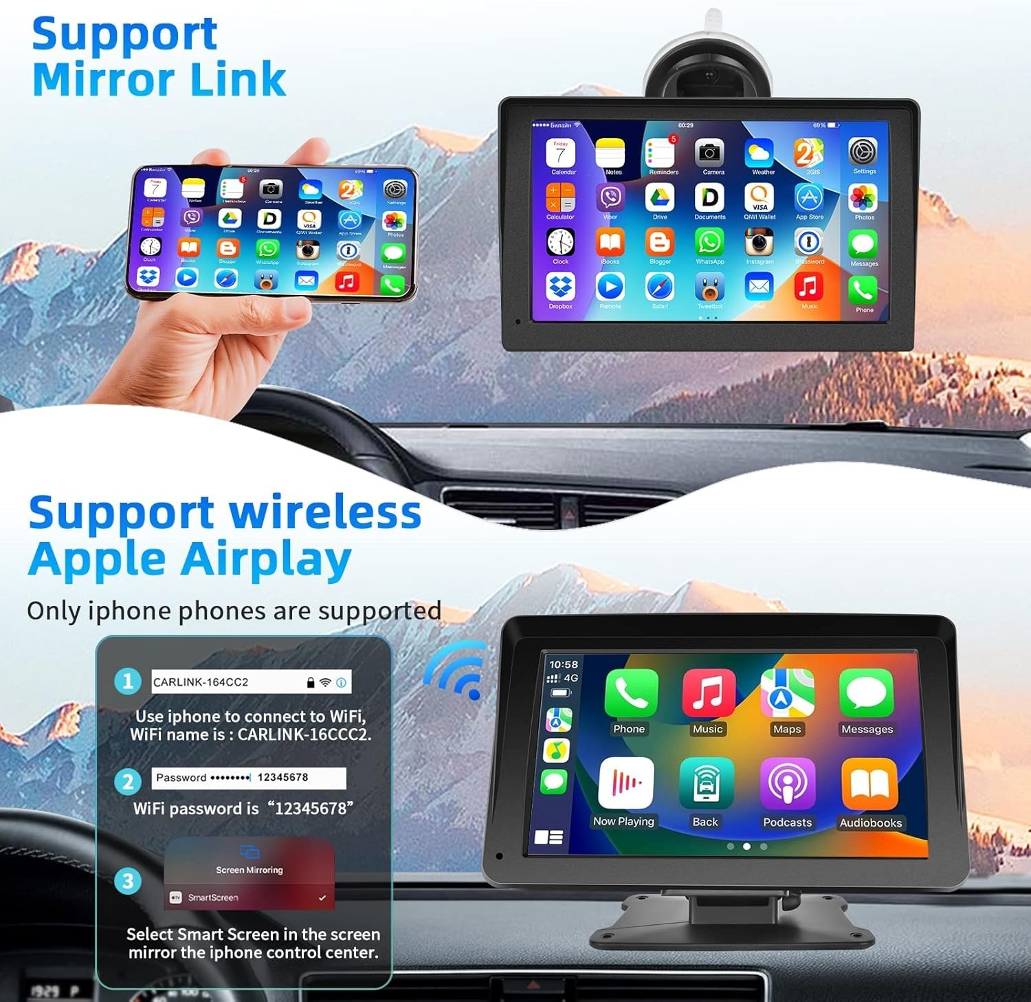 Podofo Portable Car Stereo with Wireless Carplay Android Auto 7 Inch IPS Screen