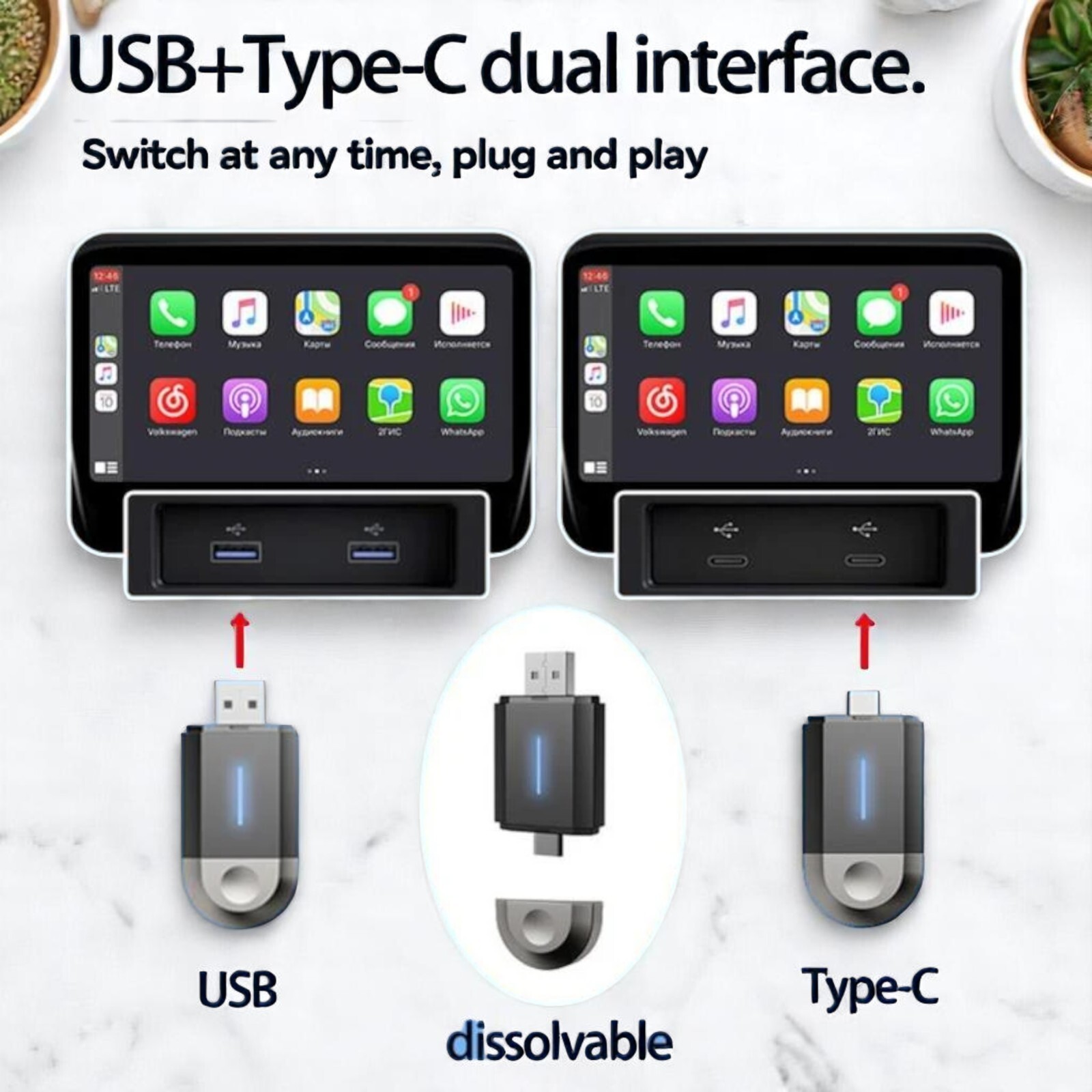 Wireless Carplay Dongle Plug & Play Android Auto Car Adapter USB A & C Travel