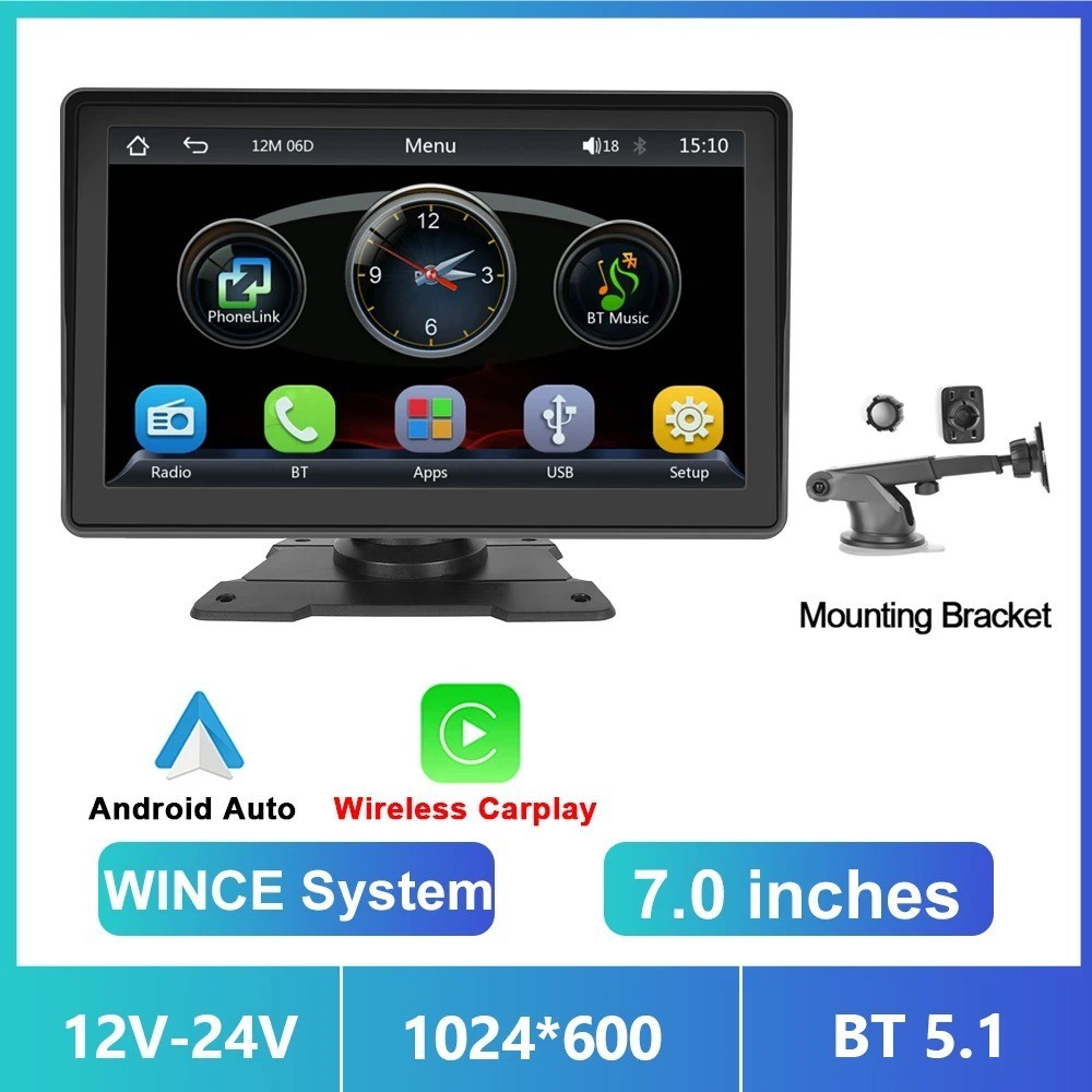 Podofo 7” Wireless CarPlay Android Auto MP5 Monitor Bluetooth FM USB Camera