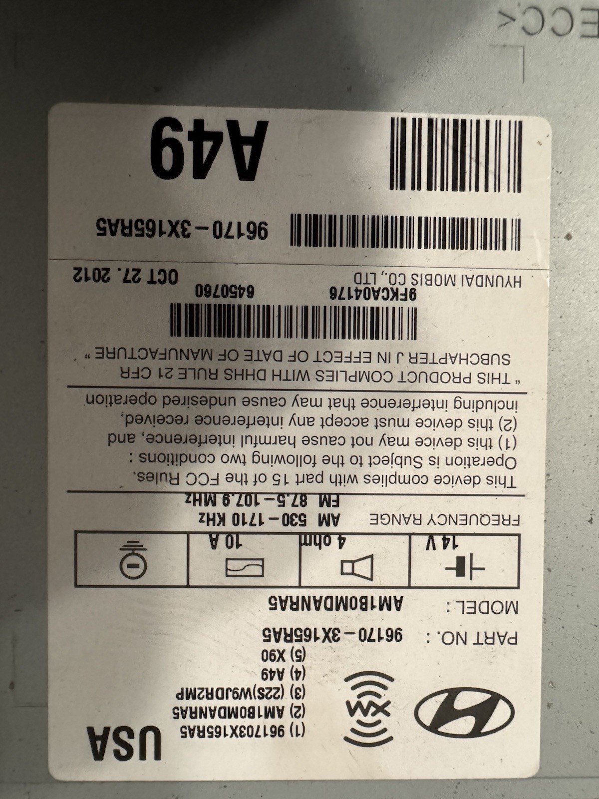2011 – 2013 Hyundai Elantra Radio CD Player 96170-3X165 (OEM)