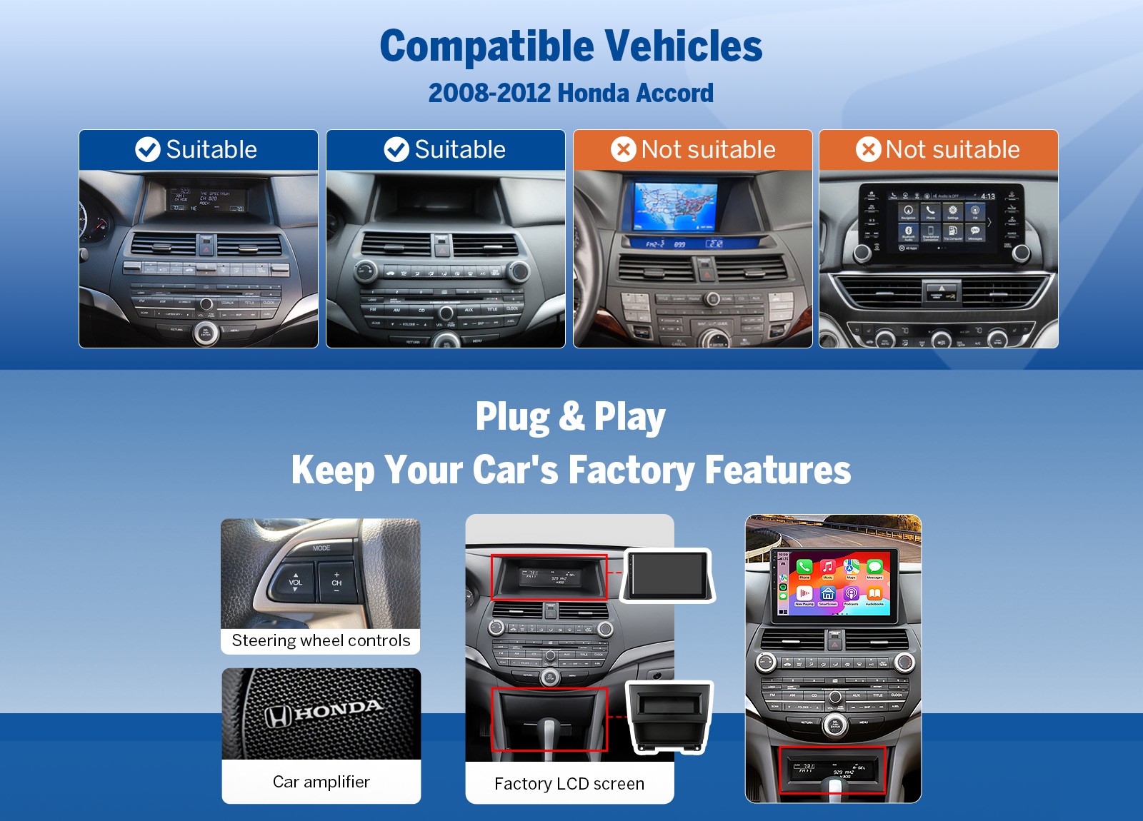 For Honda Accord IPS Display Car Stereo Radio Wireless CarPlay Navigation WiFi 6