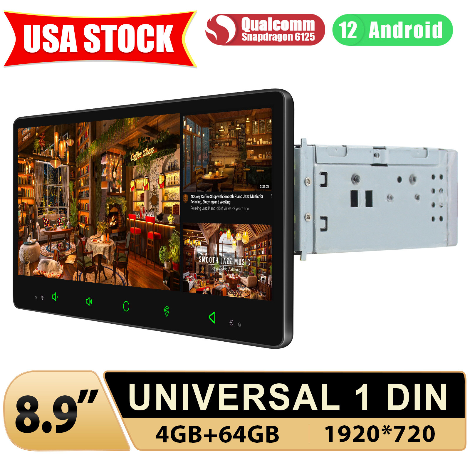 JOYING Universal Single Din 8.9 Inch Touchscreen Android 12 Car Stereo 4+64GB BT