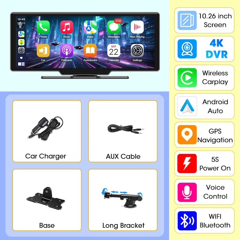 Jansite New 10.26” 4K Dashcam Wireless CarPlay Rearview Dual Lens DVR WiFi GPS