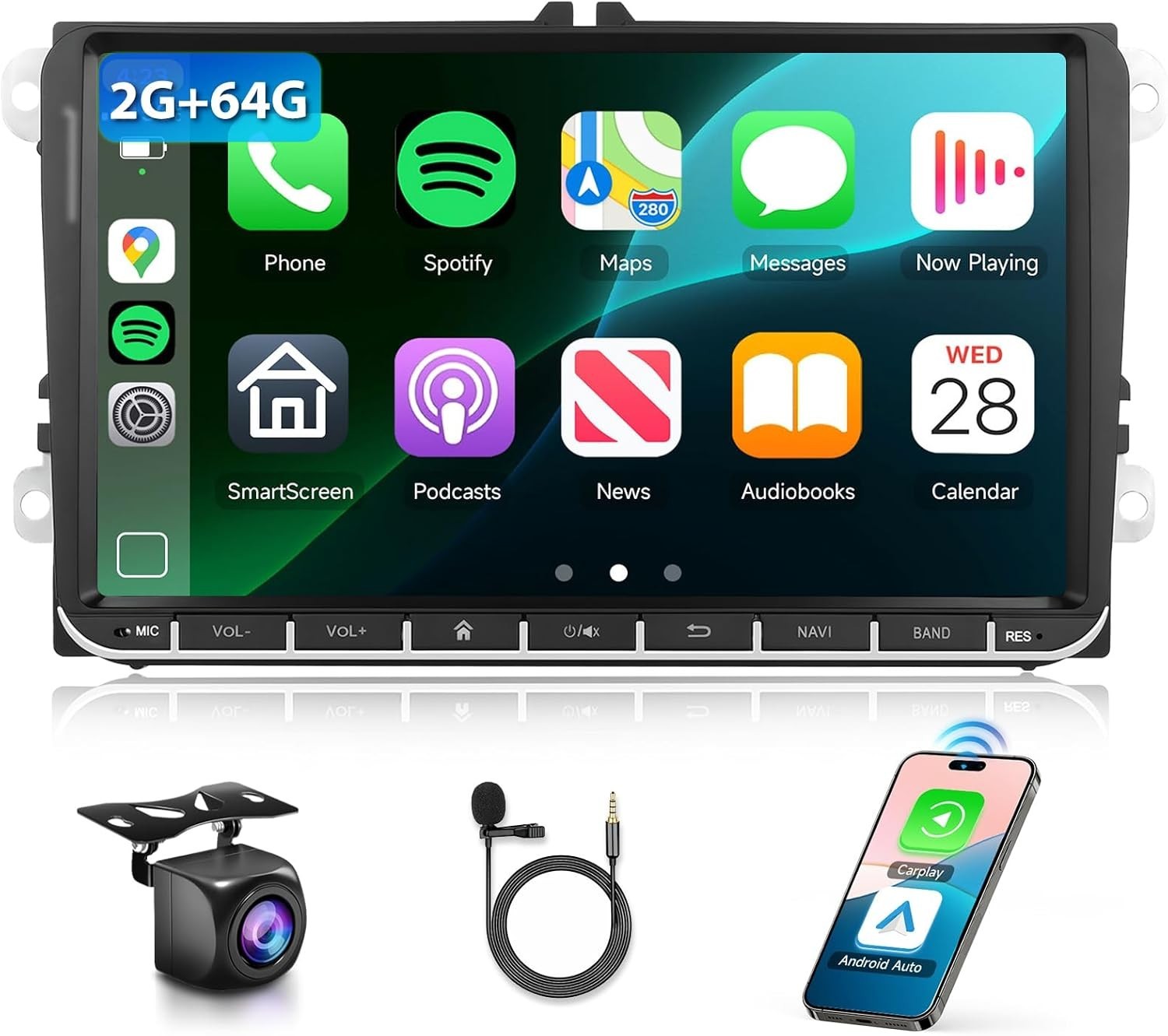 Podofo 2G+64G Car Stereo with Wireless Carplay Android Auto, 9″ Touch Screen