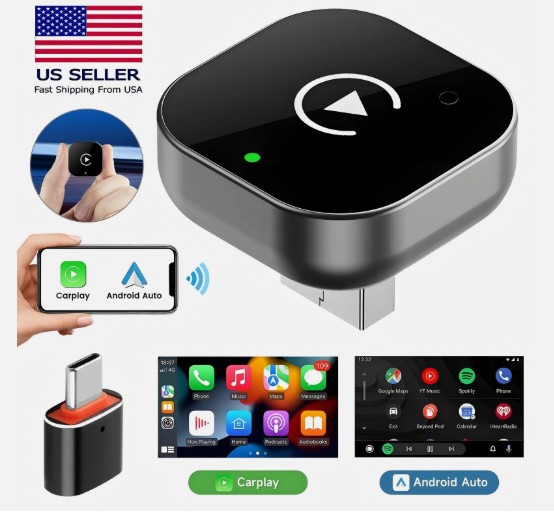 2-in-1 Wireless CarPlay & Android Auto Adapter USB Plug Play iPhone iOS Android