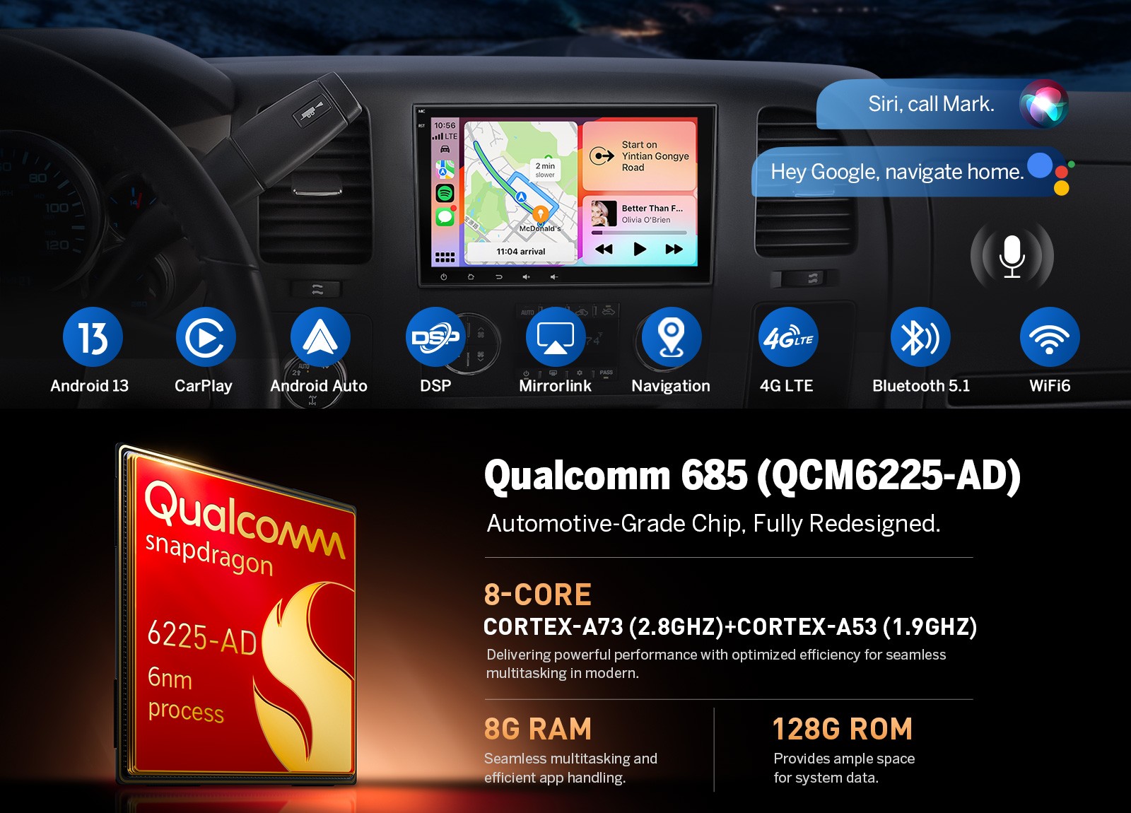 8″ Car Stereo 8+128 Android Wireless CarPlay For Silverado Tahoe Yukon DSP WiFi