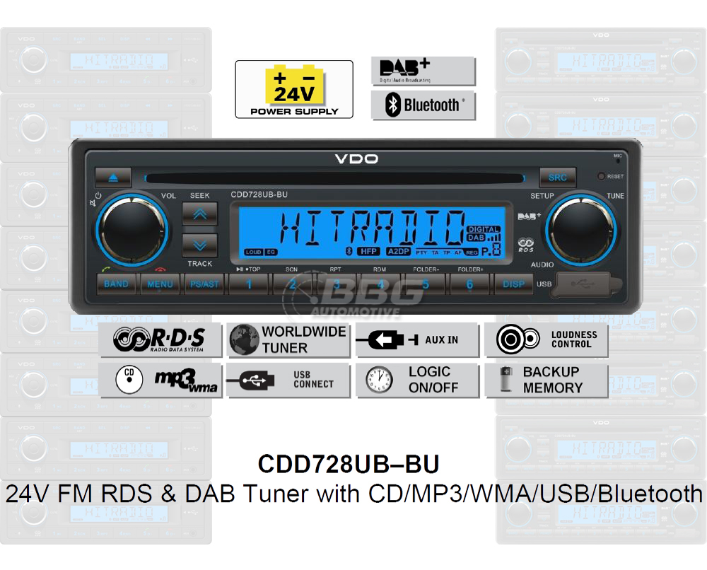 24-Volt Bluetooth Radio Truck RDS DAB Tuner CD MP3 WMA USB Truck Bus CDD728UB-BU