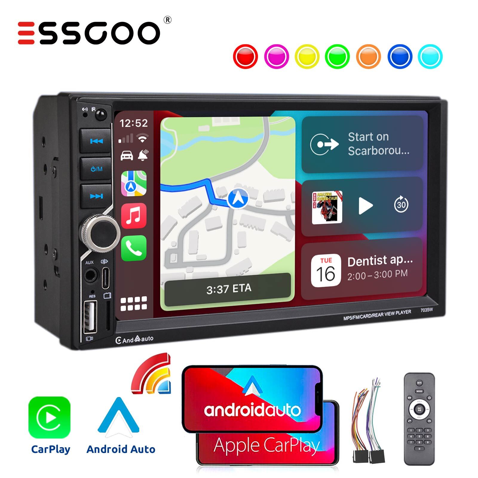 2 DIN 7″ Car Stereo Head Unit Wireless Carplay Android Auto BT FM USB AUX TF MP5
